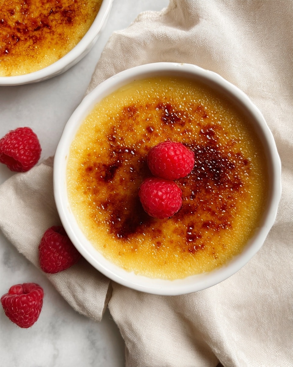 A white shallow dish holds a round crème brûlée with a smooth, golden caramelized sugar top that shows a slightly uneven texture with darker burnt spots spread across the surface. Two red raspberries sit atop the center of the crispy sugar layer, adding a fresh contrast with their bumpy texture. Nearby, a few more raspberries lie on a crumpled light beige cloth with soft folds, all placed on a white marbled texture surface. Part of another identical dish with crème brûlée is visible on the edge of the frame. photo taken with an iphone --ar 4:5 --v 7