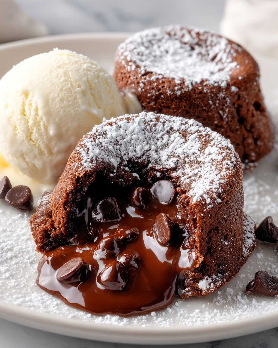 Two small chocolate lava cakes with a soft, rich brown texture sit on a white plate. One cake is whole with a dusting of white powdered sugar on top, while the other is cut open, showing thick, glossy melted chocolate flowing out mixed with several dark chocolate chips. Beside the cakes, there is a round scoop of creamy off-white vanilla ice cream. The plate rests on a white marbled textured surface. Photo taken with an iphone --ar 4:5 --v 7