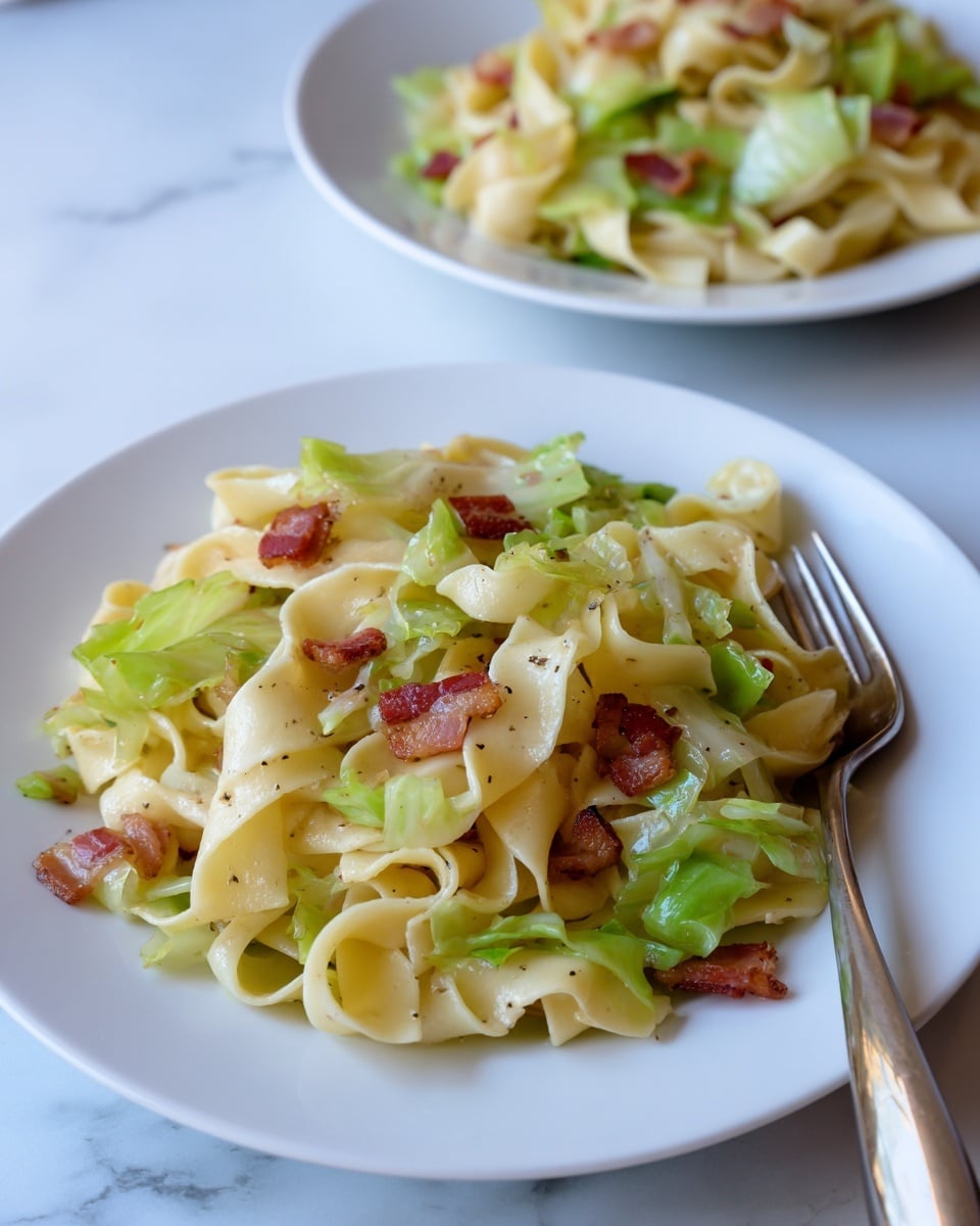 The image shows a close-up of a white plate filled with cooked wide egg noodles mixed with light green cabbage pieces and small bits of browned bacon. The noodles are light yellow, soft, and slightly glossy with a few black pepper specks. The cabbage is soft and translucent, with some pieces curling around the noodles. The bacon adds a reddish-brown contrast, scattered unevenly within the dish. A silver fork rests on the plate’s edge towards the front left, and more noodles and cabbage can be seen in the blurred background on another identical white plate, all placed on a white marbled surface. Photo taken with an iphone --ar 4:5 --v 7