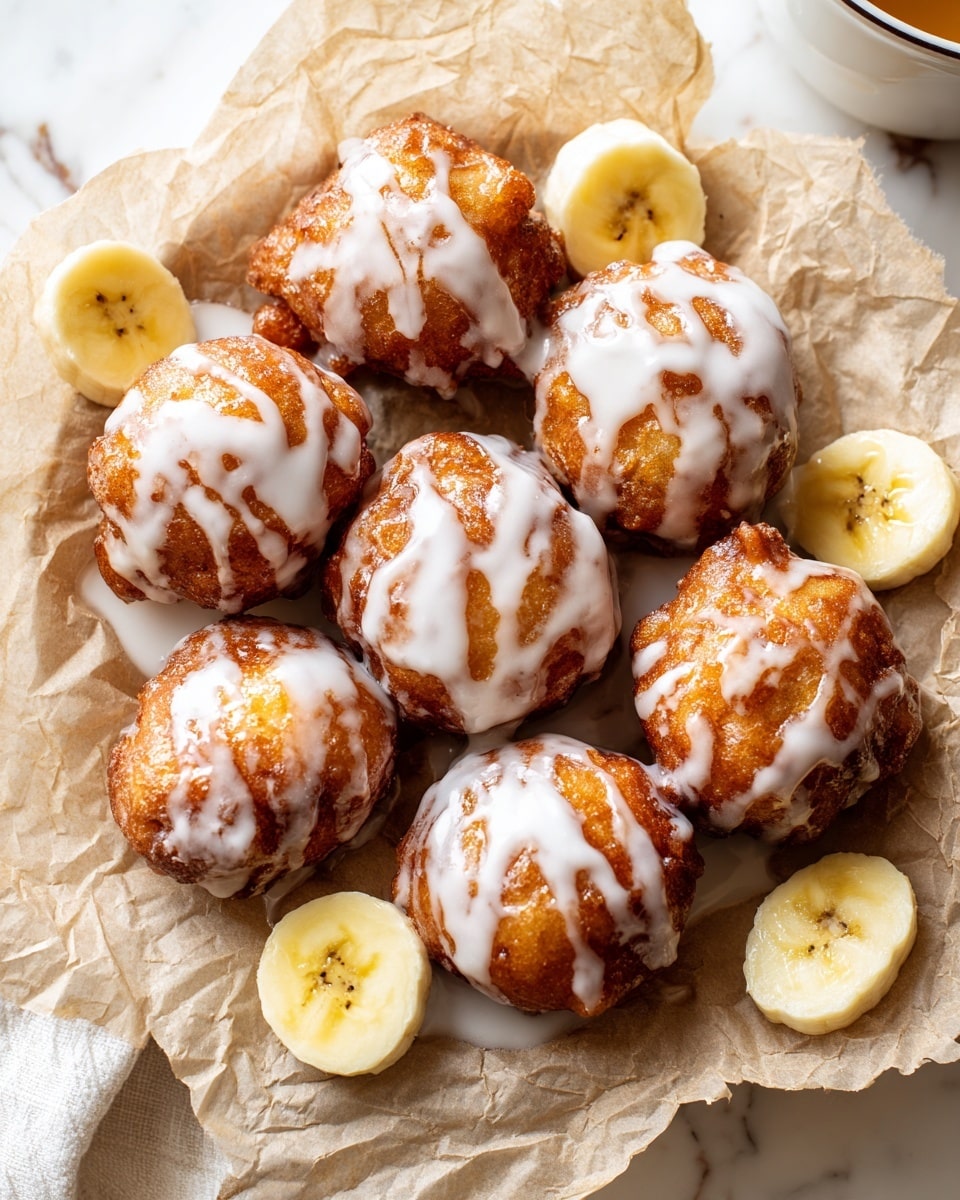 A group of seven round banana fritters with a golden brown color and a shiny white glaze drizzled unevenly on top are arranged on crinkled light brown parchment paper. Three banana slices are placed near the fritters, showing the pale yellow inside with small brown seeds. The background is a white marbled texture with a small part of a white bowl visible at the edge. photo taken with an iphone --ar 4:5 --v 7