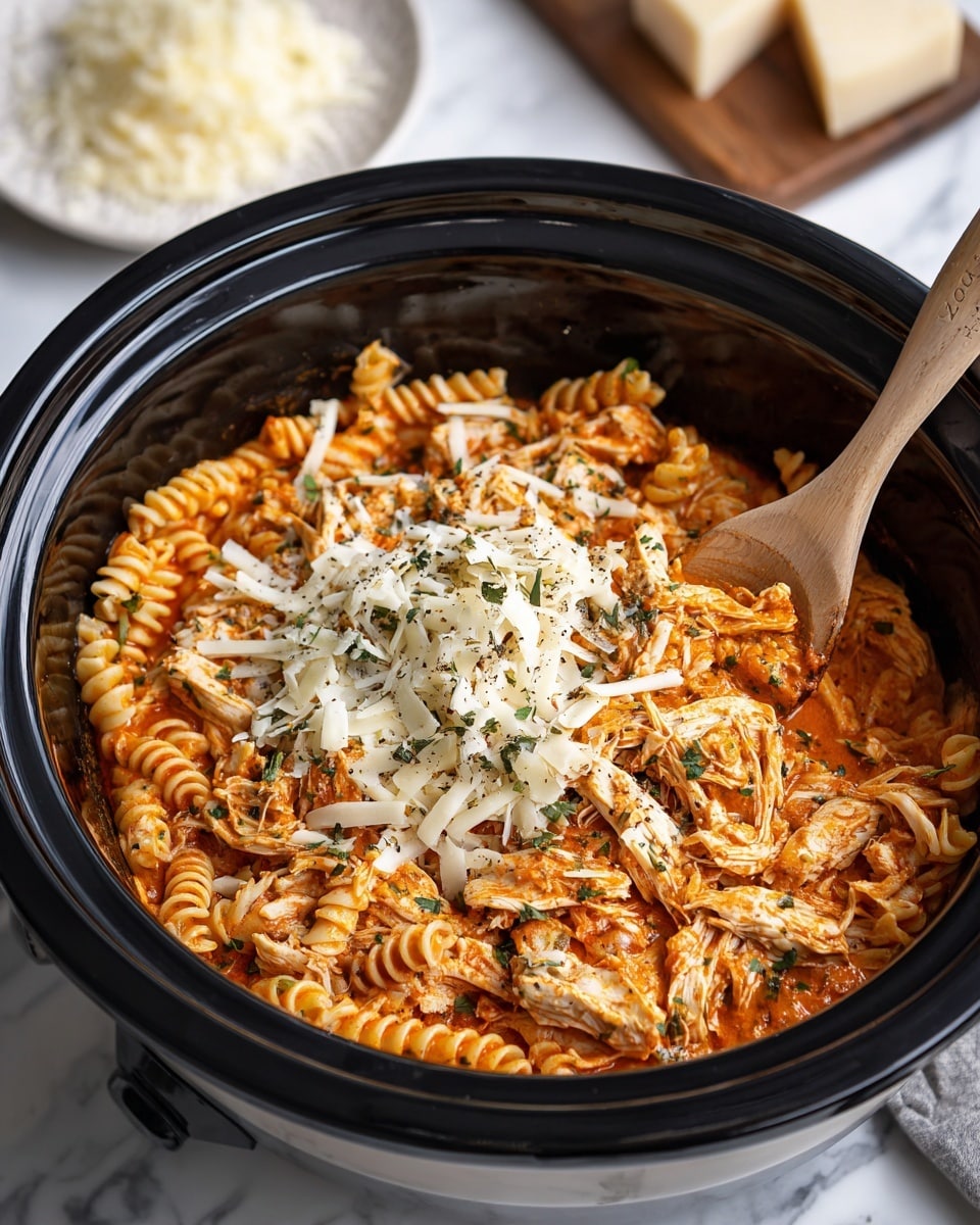 A black slow cooker filled with creamy orange pasta in a rich sauce, mixed with shredded chicken and rotini noodles visible beneath. The top layer is sprinkled with shredded white cheese and bits of green herbs, adding a fresh touch, with some brown seasoning scattered over. A wooden spoon rests inside the cooker, its handle sticking out. The background shows a white marbled surface with a white plate holding shredded cheese slightly out of focus. Photo taken with an iphone --ar 4:5 --v 7