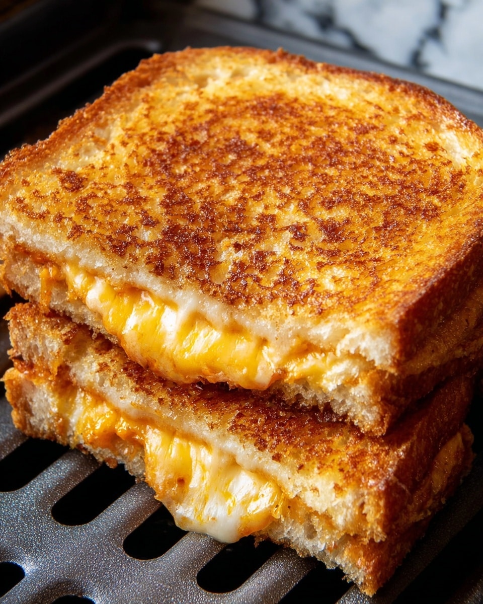 A close-up view of a grilled cheese sandwich with two thick layers of golden toasted bread, showing a crisp, slightly oily texture with golden brown spots all over the top side. Between the grilled bread slices is a middle layer of melted cheese oozing slightly from the edges, with a rich creamy and golden-yellow appearance. The sandwich rests on a black grill rack with small slotted holes beneath it. The background has a white marbled texture, adding contrast to the warm, golden colors of the sandwich. Photo taken with an iphone --ar 4:5 --v 7