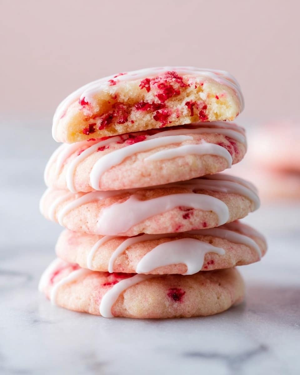 A stack of five soft, pink cookies is shown on a white marbled surface. The bottom three cookies are whole, with a smooth texture and thin, white icing drizzled in curved lines across the tops. On top of these, two cookie halves display a soft, crumbly inside with bright red bits scattered throughout. The white icing also decorates the edges of the top cookies. The cookie stack is centered with a soft, blurry background. photo taken with an iphone --ar 4:5 --v 7