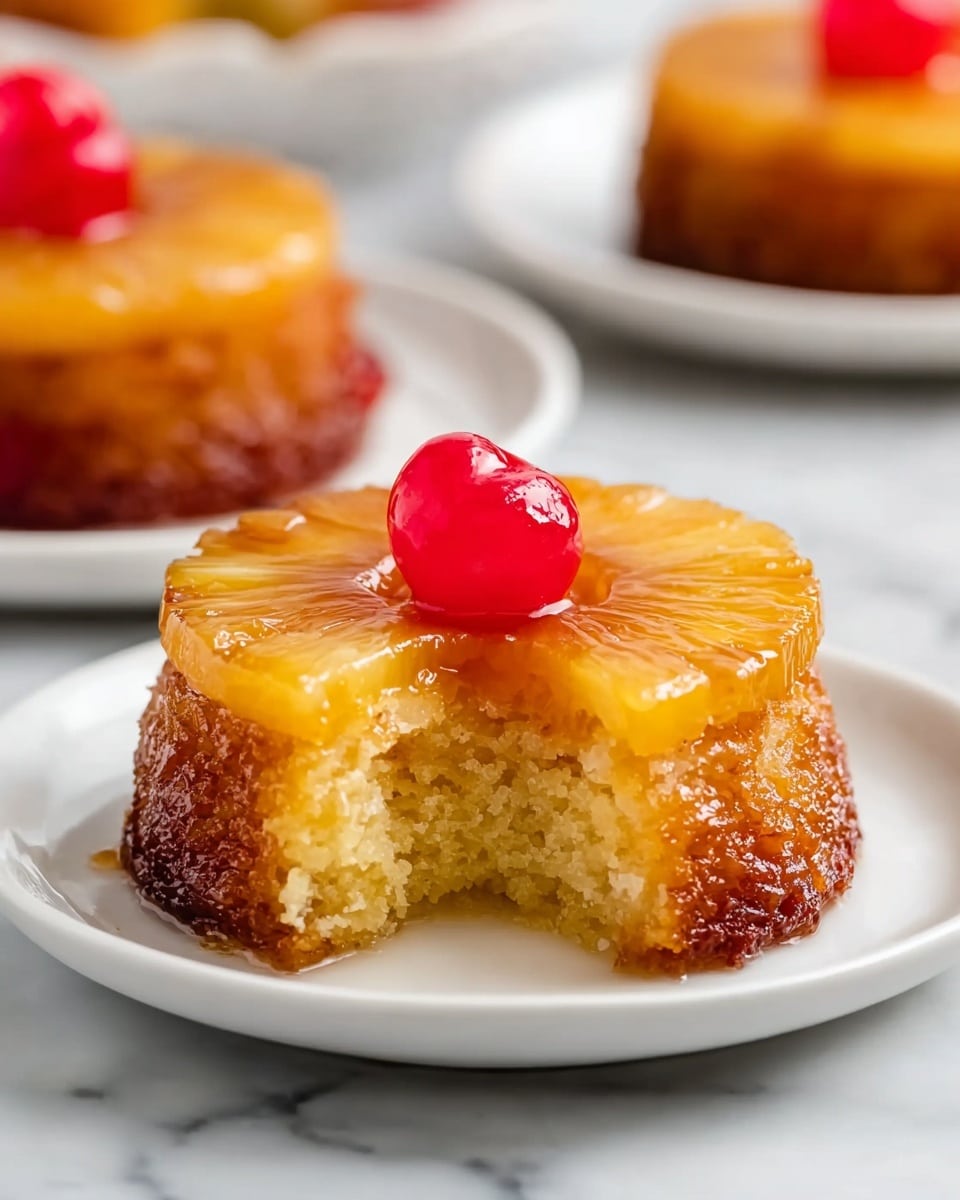 A small pineapple upside-down cake sits on a white plate against a white marbled surface, showing three distinct layers: a golden brown caramelized crust at the bottom and sides, a soft and moist light yellow cake interior with a bite taken out, and a glossy, translucent pineapple ring on top with a bright red cherry in the center. The pineapple slice has a slightly textured surface and shines with syrup, while the cherry is smooth and shiny, placed slightly off-center. In the blurred background, similar cakes with cherries are visible on white plates. photo taken with an iphone --ar 4:5 --v 7