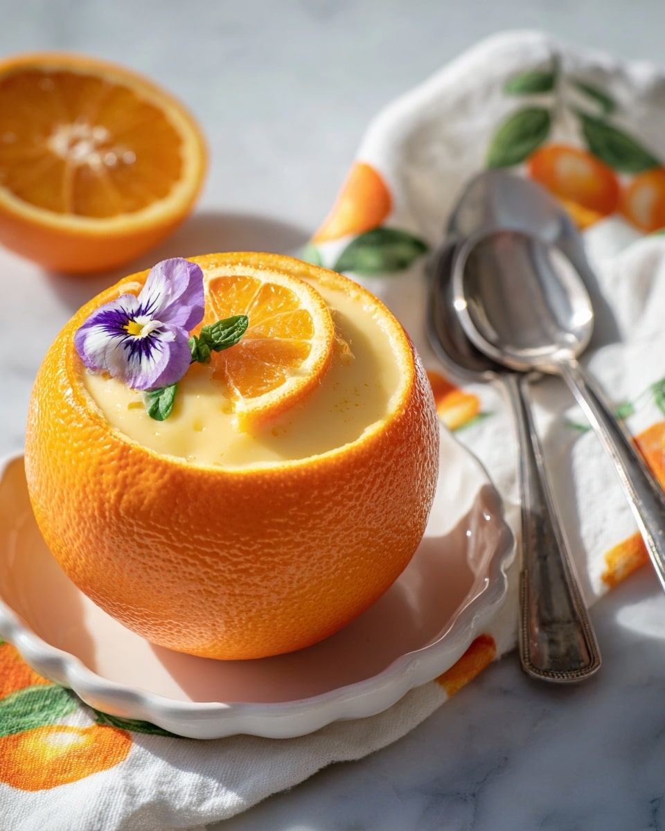 Three small orange bowls filled with creamy pale yellow custard are placed on white scalloped plates. Each custard has a slightly browned top with a smooth texture and is decorated with a small purple and white edible flower on the edge. The bowls rest on a white marbled surface next to a white cloth with orange and green citrus leaf patterns. Two shiny silver spoons lie on the cloth near the bowls. The scene is bright and fresh with a clean, simple style. photo taken with an iphone --ar 4:5 --v 7