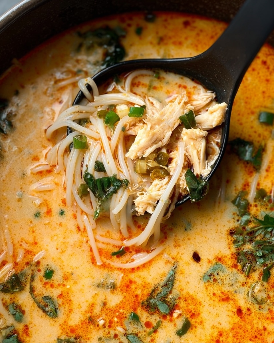 A deep bowl filled with creamy orange broth as the base layer, slightly oily with visible specks of red spices, contains white flat noodles spread evenly across the soup. On top of the noodles, there are shredded light brown chicken pieces arranged in clusters. Green layers include chopped scallions sprinkled over the dish, fresh cilantro leaves scattered around, and a single whole spinach leaf placed in the center. A wedge of bright green lime rests on the side inside the bowl. The bowl is off-white with subtle speckles, set on a white marbled surface. photo taken with an iphone --ar 4:5 --v 7