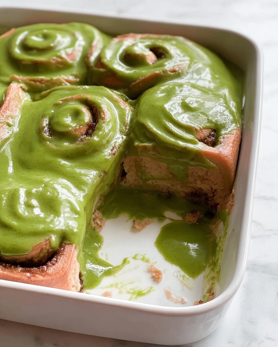 A white rectangular dish holds four cinnamon rolls covered in a thick, glossy green sauce. The cinnamon rolls have a light brown color with visible spirals and a soft, fluffy texture visible in the open section where some rolls are missing. The green sauce is unevenly spread over the rolls and drips down the sides onto the white surface of the dish. The dish is set on a white marbled texture surface. photo taken with an iphone --ar 4:5 --v 7