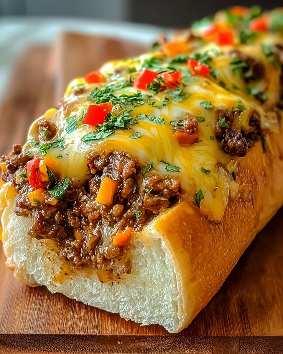 A close-up of a sandwich loaf shows a soft white bread base sliced open and filled with a thick layer of cooked ground beef mixed with small bits of orange bell pepper and herbs. Above the meat, a melted layer of golden yellow cheese drapes over the top, blending with the juicy beef below. The sandwich surface is topped with more melted cheese, small bright pieces of red and orange peppers, and scattered fresh green herbs. The sandwich sits on a wooden board with a blurred background. photo taken with an iphone --ar 4:5 --v 7