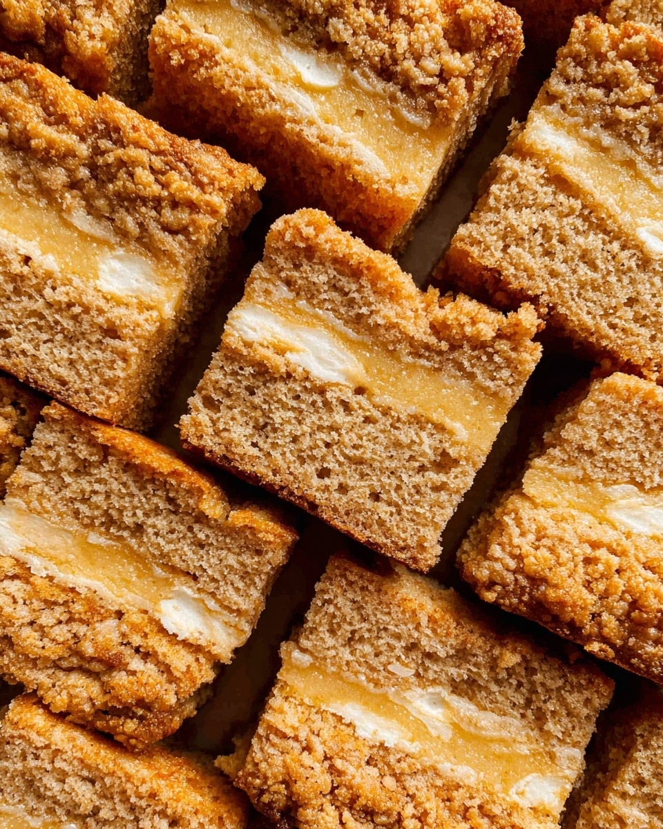 The image shows many square pieces of cake with a crumbly texture and golden-brown color. Each piece has two main layers: a top and bottom layer with a light brown, moist crumb, and a middle layer that appears to be a pale yellow, softer filling with a white swirl, likely cream or frosting. The pieces are tightly packed together, filling the frame evenly. The cake has a rough, textured surface with small air pockets visible throughout. The photo taken with an iphone --ar 4:5 --v 7