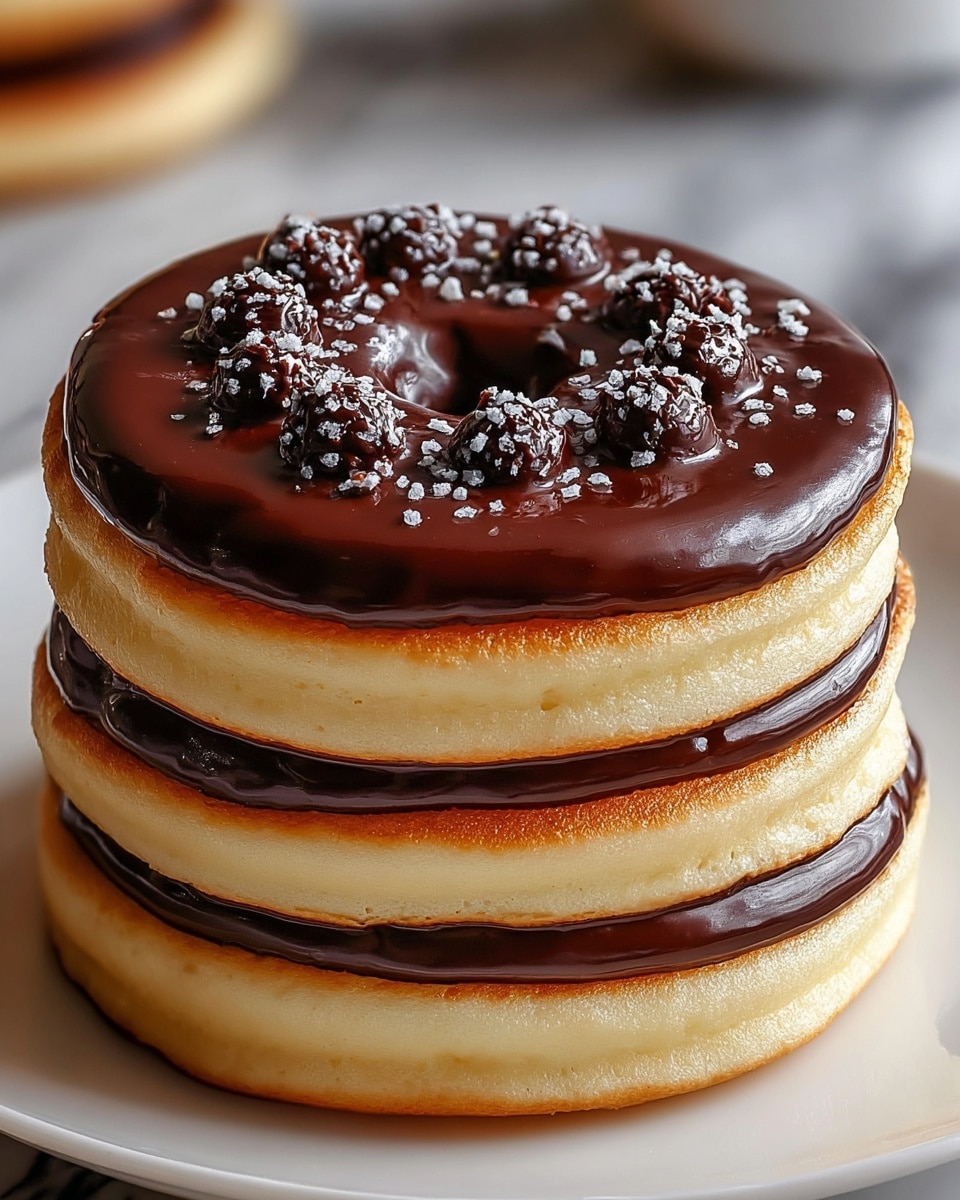A stack of three thick, round pancakes sits on a white plate with a glossy finish. Each pancake has a pale golden-brown base with a smooth, rich dark chocolate layer on top, making a distinct dark top on each. The top pancake has a central ring of small dark chocolate dollops sprinkled with white coarse sugar crystals, adding texture and contrast. The edges of the pancakes are slightly raised and soft in appearance, and the chocolate topping is glossy and shiny, reflecting light. The background shows a blurred white marbled surface, giving focus to the pancakes in the center. photo taken with an iphone --ar 4:5 --v 7
