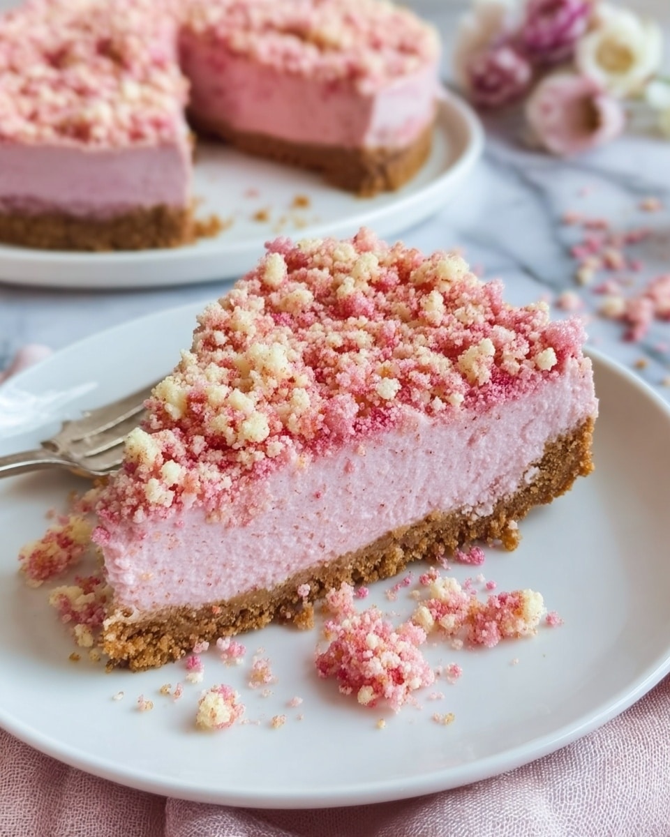 A single slice of pink cheesecake with a crumbly brown crust is placed on a white plate. The cheesecake has two layers: a thick, smooth pale pink filling on top of a dense brown crust. The slice is topped with a mix of finely crumbled pink and white crumbs, which are also scattered around the plate. In the background, part of the whole cheesecake is visible, showing the same pink filling and crumb topping. The scene is set on a white marbled surface with a soft pink cloth nearby. Photo taken with an iphone --ar 4:5 --v 7