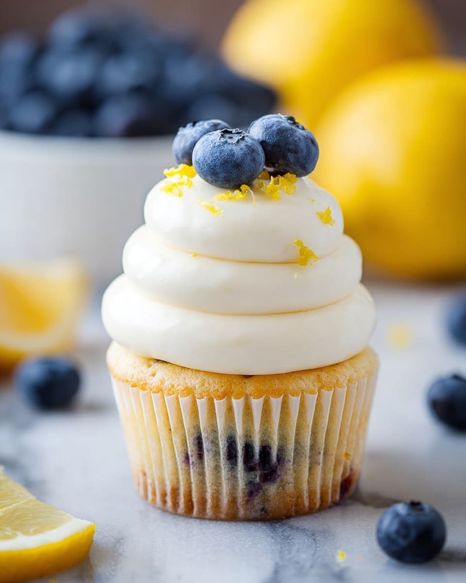 The image shows a single cupcake on a white marbled surface. The cupcake has a light golden base with visible dark blueberry bits inside. On top, there are three thick, smooth, and creamy white frosting layers stacked in a swirl, decorated with small yellow lemon zest flakes. Three fresh blueberries sit at the very top of the frosting. In the background, there is a white bowl filled with blueberries and two whole yellow lemons slightly blurred. A few loose blueberries and a lemon wedge are also placed around the cupcake. Photo taken with an iphone --ar 4:5 --v 7