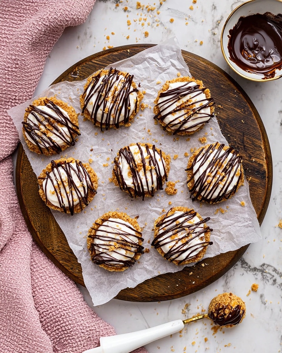 Eight small round treats sit on two sheets of white parchment paper placed on a dark wooden round board. Each treat has a base layer of crumbly golden brown crust, topped with a smooth white layer, and finished with a drizzle of dark chocolate in thin lines across the top. Around the board are scattered crumbs and a small amount of chocolate. To the right, there is a white spoon filled with crumbs and a piping bag with melted chocolate. In the bottom left corner, a pink textured cloth is partially visible. The background is a white marbled surface. Photo taken with an iphone --ar 4:5 --v 7