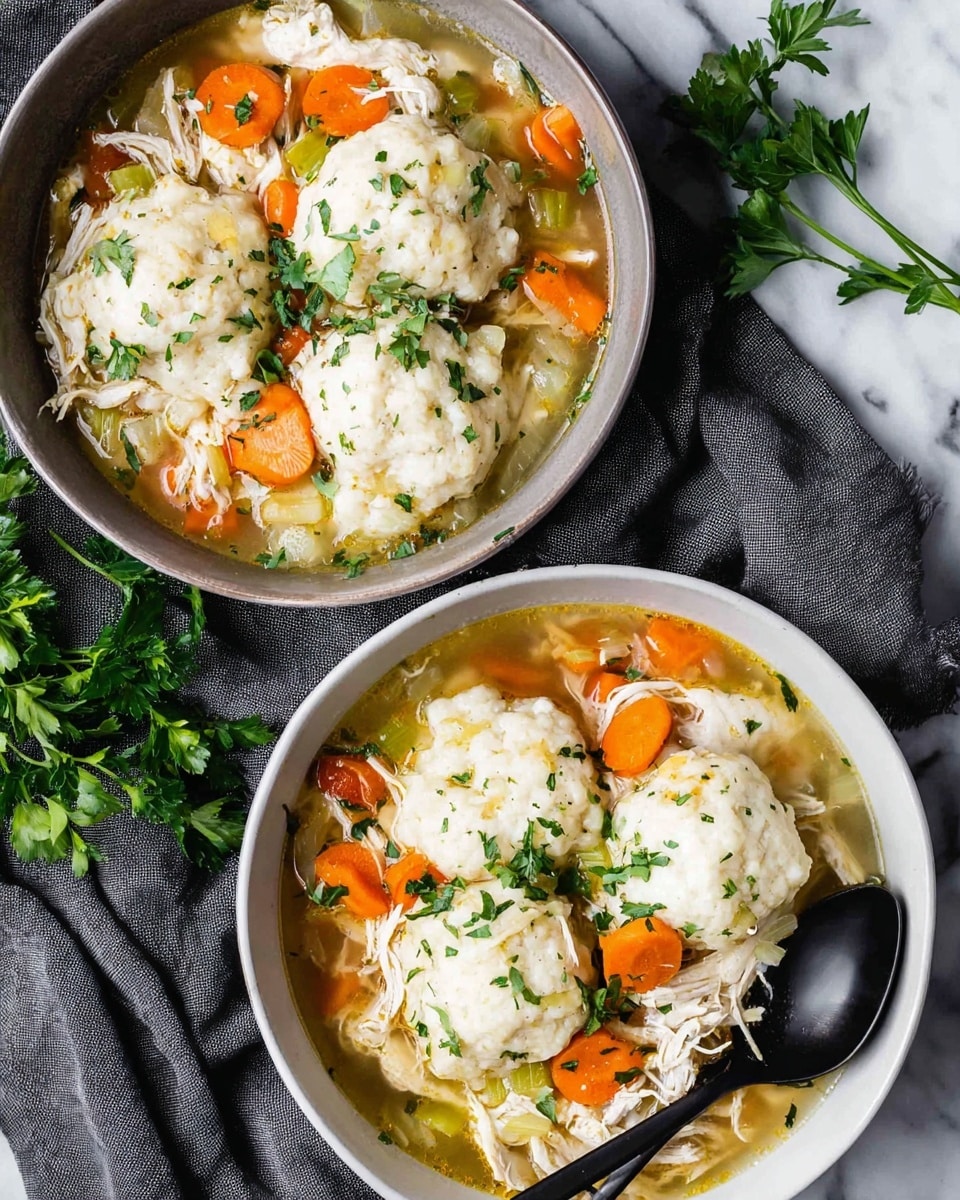 Two white bowls filled with chicken and vegetable soup topped with three large, fluffy white dumplings each. The soup has a clear broth filled with shredded white chicken pieces, bright orange carrot slices, and light green celery chunks. Fresh green parsley is sprinkled on top of the dumplings and the soup for garnish. A black spoon rests inside the lower bowl, which sits on a soft gray cloth placed on a white marbled surface. Fresh parsley leaves lie beside the top bowl. photo taken with an iphone --ar 4:5 --v 7