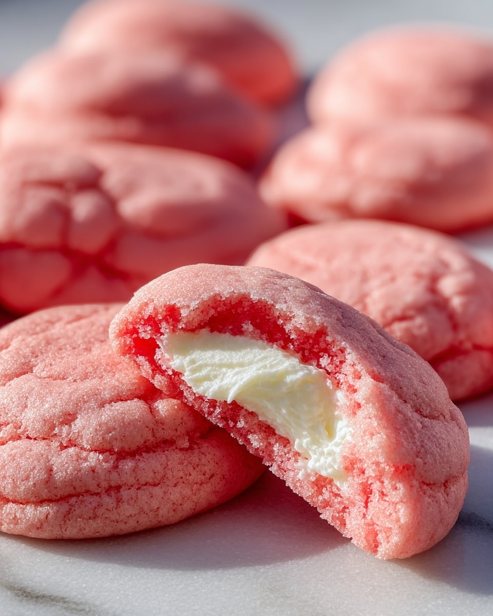 The image shows several soft, pink cookies with a slightly cracked surface texture that reveals a creamy white filling inside each one. Two cookies are placed in the center, with one cookie broken in half and resting on top of the other, clearly showing the thick, smooth white cream sandwiched between the two pink cookie layers. The cookies are arranged on a white cloth, creating a cozy and inviting scene with some cookies blurred softly in the background. The overall look is bright and colorful, emphasizing the contrast between the pink outer cookie and the white creamy filling. photo taken with an iphone --ar 4:5 --v 7