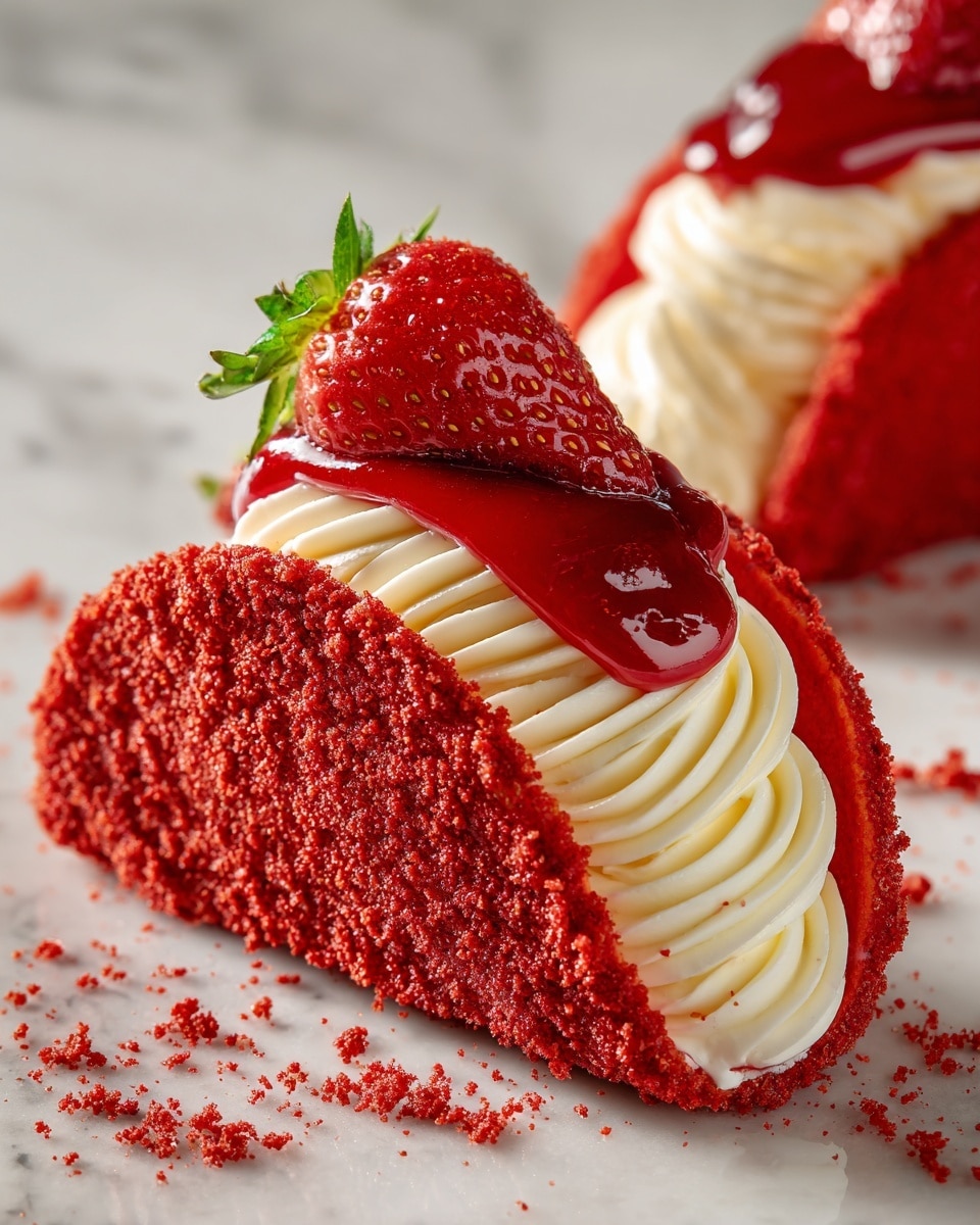 The image shows two small taco-shaped desserts on a white marbled surface, each with a soft, crumbly red shell covered in fine crumbs. Inside each shell is a thick, creamy white layer with smooth, piped ridges that fill the shell. On top of the cream sits a shiny, glossy red sauce dollop with a slightly runny texture, topped with a fresh half strawberry with green leaves. Crumbs are scattered around the desserts, adding a textured detail. The photo taken with an iphone --ar 4:5 --v 7