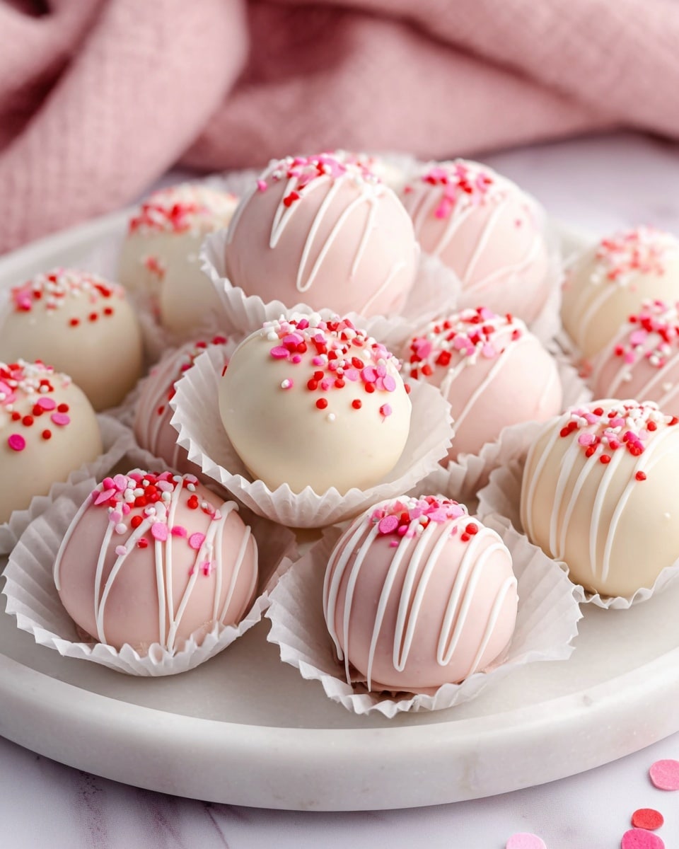 This image shows a white plate filled with round cake balls, each placed in a white paper cup. The cake balls have two main colors: soft pink and creamy white. They are decorated with thin white drizzle lines and small, colorful round sprinkles in red, pink, and white, scattered evenly on top. The plate rests on a white marbled surface, and a pink cloth is softly blurred in the background. The cake balls look smooth and shiny, arranged close to each other in a neat pile. photo taken with an iphone --ar 4:5 --v 7
