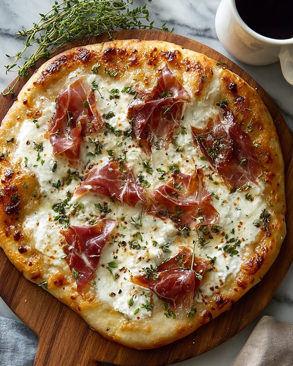 This image shows a round pizza with a thick and lightly browned crust, topped with melted white cheese spread in uneven patches covering most of the surface. There are six pieces of thin, slightly folded reddish-brown prosciutto scattered evenly on top of the cheese. You can see small green herbs sprinkled throughout the pizza, adding a fresh contrast. The edges have some golden-brown toasted spots, and the pizza sits on a wooden board. A white cup with dark liquid is partly visible in the upper right corner, and sprigs of fresh herbs lie beside it on the white marbled surface. photo taken with an iphone --ar 4:5 --v 7