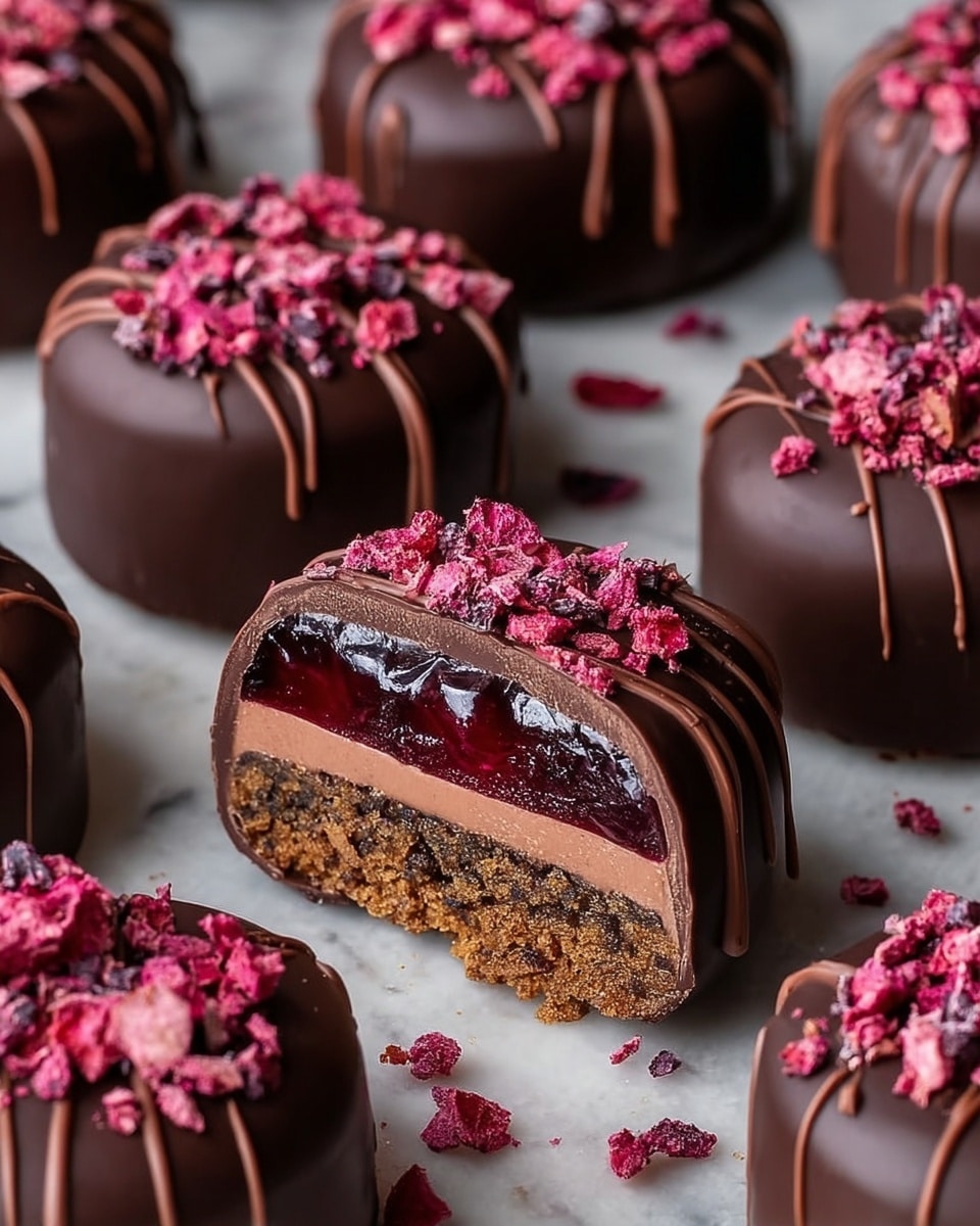 The image shows round chocolate-covered desserts arranged on a white marbled surface, each topped with crushed pink edible pieces. One dessert is cut in half, revealing three layers inside: a crumbly, dark brown base at the bottom, a smooth light brown middle layer, and a glossy dark red jelly-like top layer. The outer layer is a shiny dark chocolate coating with thin chocolate lines drizzled on top. Some melted chocolate and pink crumbs are scattered around the desserts. Photo taken with an iphone --ar 4:5 --v 7