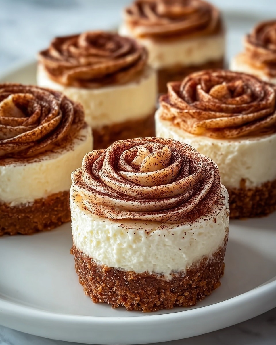 The image shows a close-up of six small desserts arranged on a white plate, each dessert having three visible layers. The bottom layer is a thick, crumbly brown crust with a rough texture. Above it is a smooth, thick creamy white middle layer that looks soft and rich. The top layer is a spiral of light brown caramel or cinnamon cream with a glossy finish, dusted with a fine dark brown powder that adds a textured look. The spirals are neatly done, creating a rose-like pattern on each dessert. The white plate is placed on a white marbled surface, giving a clean and bright background. photo taken with an iphone --ar 4:5 --v 7
