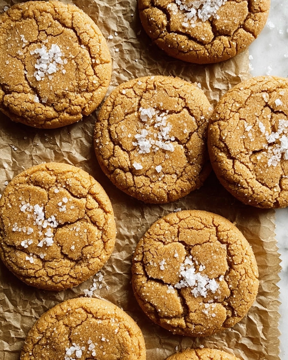 The image shows a close-up of eight round cookies with a golden brown color and cracked surface texture. Each cookie is topped with small flakes of white sea salt scattered unevenly. The cookies are arranged on crinkled brown parchment paper that contrasts with a white marbled surface underneath. The cookies have a soft, crumbly look with slightly raised edges, giving them a fresh-baked appearance. photo taken with an iphone --ar 4:5 --v 7