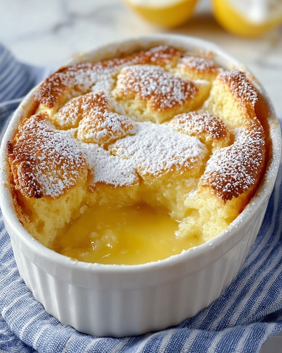 A golden baked dessert sits in a white oval dish, featuring a textured top layer with uneven, slightly browned peaks dusted with fine white powdered sugar. Beneath the crust, a smooth, glossy lemon-yellow custard layer is visible where part of the top has been scooped out, showing a soft, creamy filling with a slightly translucent quality. The dish is placed on a blue-striped cloth over a white marbled surface, and the background shows out-of-focus hints of white and yellow shapes. photo taken with an iphone --ar 4:5 --v 7