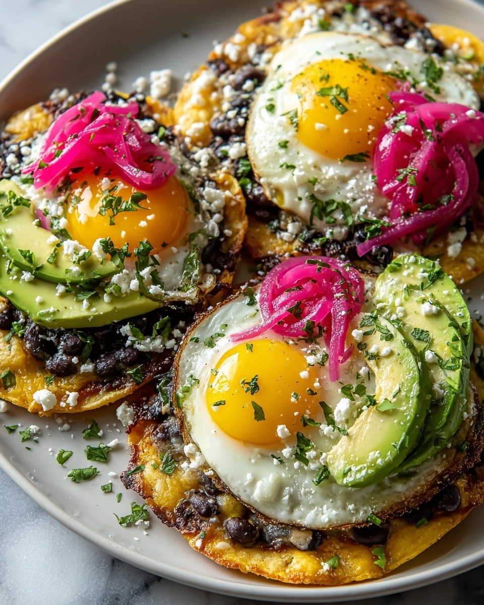 Three tostadas are shown on a white plate placed on a white marbled surface. Each tostada has three layers: the bottom layer is a crispy golden tortilla, the middle layer is melted yellow cheese mixed with black beans, and the top layer is a sunny-side-up egg with a bright yellow yolk and lightly browned edges. On top of the eggs, there are fresh avocado slices arranged on one side and bright pink pickled onions placed next to the avocado. The tostadas are sprinkled with chopped green herbs and white crumbled cheese. photo taken with an iphone --ar 4:5 --v 7
