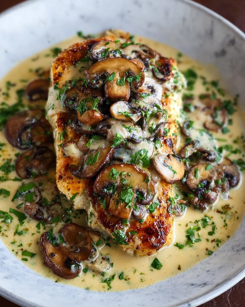 A white plate holds a single, thick grilled chicken breast with a golden-brown, slightly crispy crust. On top, there are numerous browned mushroom slices, juicy and tender, scattered across and around the chicken. The dish is covered in a creamy beige sauce that pools at the bottom of the plate, threading through the mushrooms and chicken. Bright green chopped parsley is sprinkled generously on the mushrooms and sauce, adding a fresh accent to the warm tones. The background is a white marbled texture. photo taken with an iphone --ar 4:5 --v 7