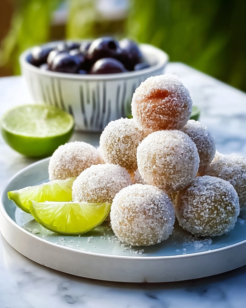 A white plate holds a small pile of round balls covered fully in coarse sugar crystals, with one ball showing a reddish-brown spot beneath the sugar. Bright green lime wedges are scattered around the balls on the plate. Behind the plate is a white bowl filled with dark olives and a halved lime, all placed on a white marbled surface. The background is softly blurred, showing some green outdoor colors. photo taken with an iphone --ar 4:5 --v 7