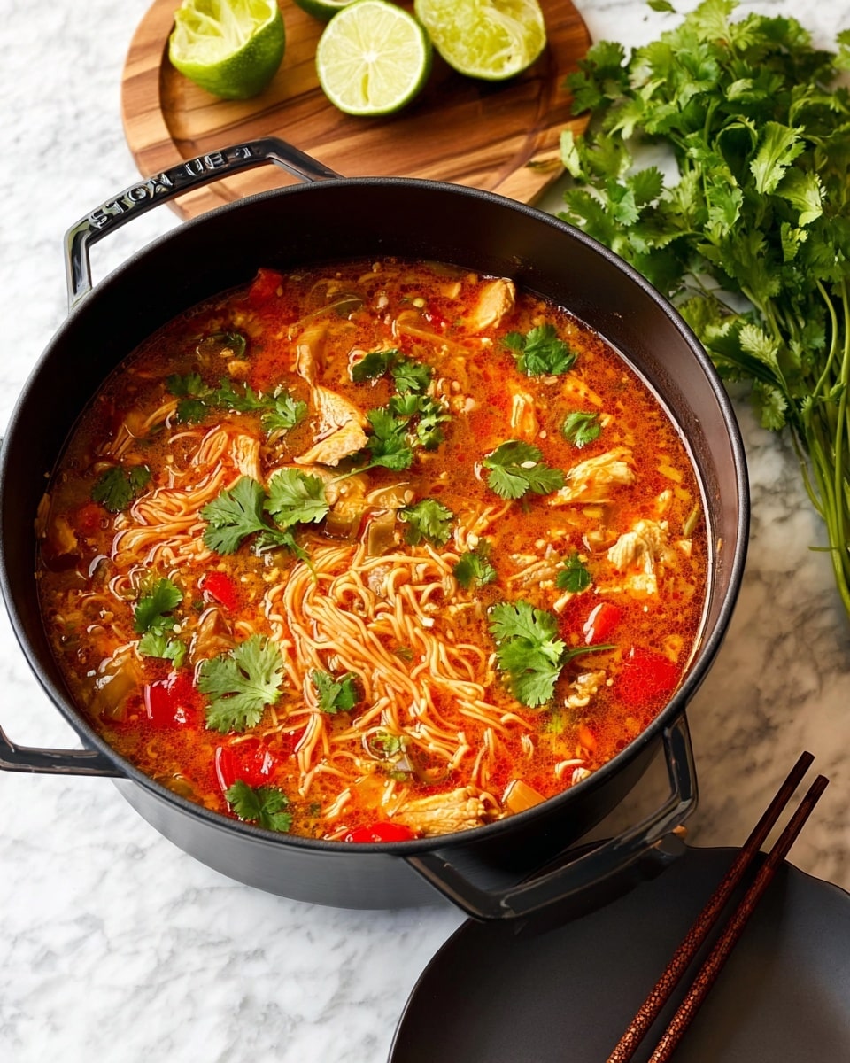 The image shows two white bowls filled with a rich, orange-red broth containing pieces of chicken and thin noodles. The top bowl is the focus, with a pair of wooden chopsticks lifting a small bundle of noodles on the right side. The soup is garnished with bright green cilantro sprigs and chopped green onions on top, along with lime wedges placed on the left side inside the bowl. The bowls sit on a light wooden board placed on a white marbled surface, with lime wedges and some whole green onions around them. Photo taken with an iphone --ar 4:5 --v 7