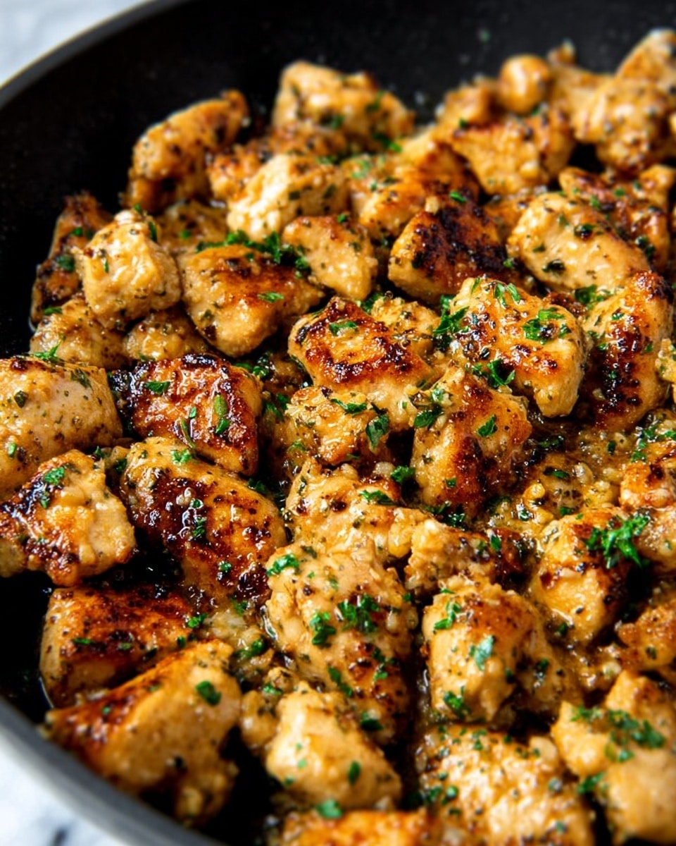 The image shows a close-up of many pieces of cooked chicken in a pan, each piece golden brown with crispy edges and a slight char. The chicken pieces are cut into bite-sized chunks and are generously sprinkled with small, bright green herb bits that look like parsley. The texture of the chicken looks juicy and tender with a hint of garlic and spices visible on the surface. The background is a white marbled texture, creating contrast with the dark pan and the well-cooked chicken inside. Photo taken with an iphone --ar 4:5 --v 7