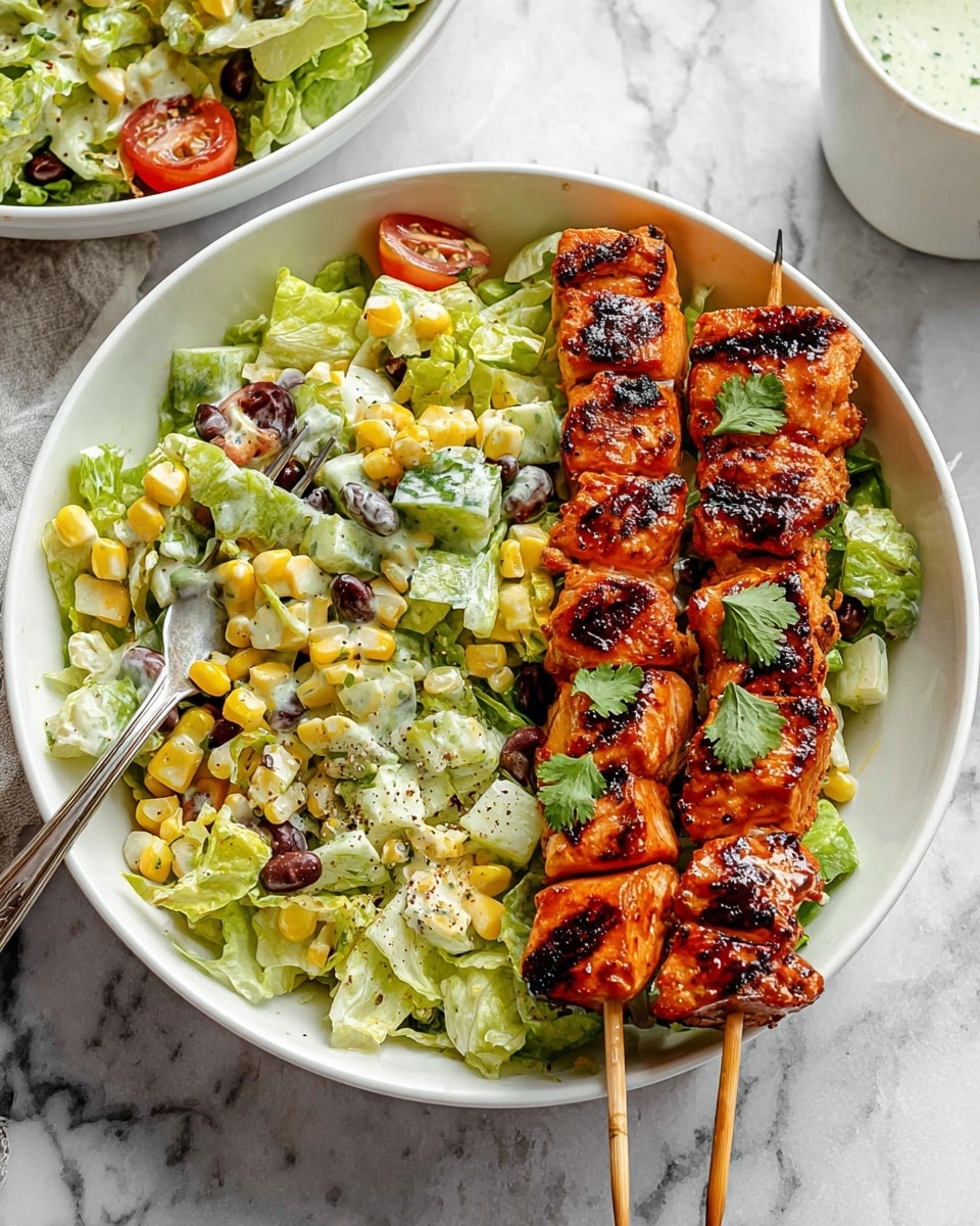 A white bowl contains a fresh salad and two grilled chicken skewers. The salad has light green lettuce, small yellow corn pieces, sliced red cherry tomatoes, black beans, and chopped green vegetables mixed with a creamy dressing and sprinkled with black pepper; it is placed on the left half of the bowl. On the right half, there are two wooden skewers with thick, shiny, orange-brown grilled chicken pieces showing marks from the grill, garnished with green cilantro leaves on top. A silver fork is partially immersed in the salad on the left side of the bowl. The background is a white marbled texture, with part of another bowl of salad and a white cup visible in the blurred background. photo taken with an iphone --ar 4:5 --v 7