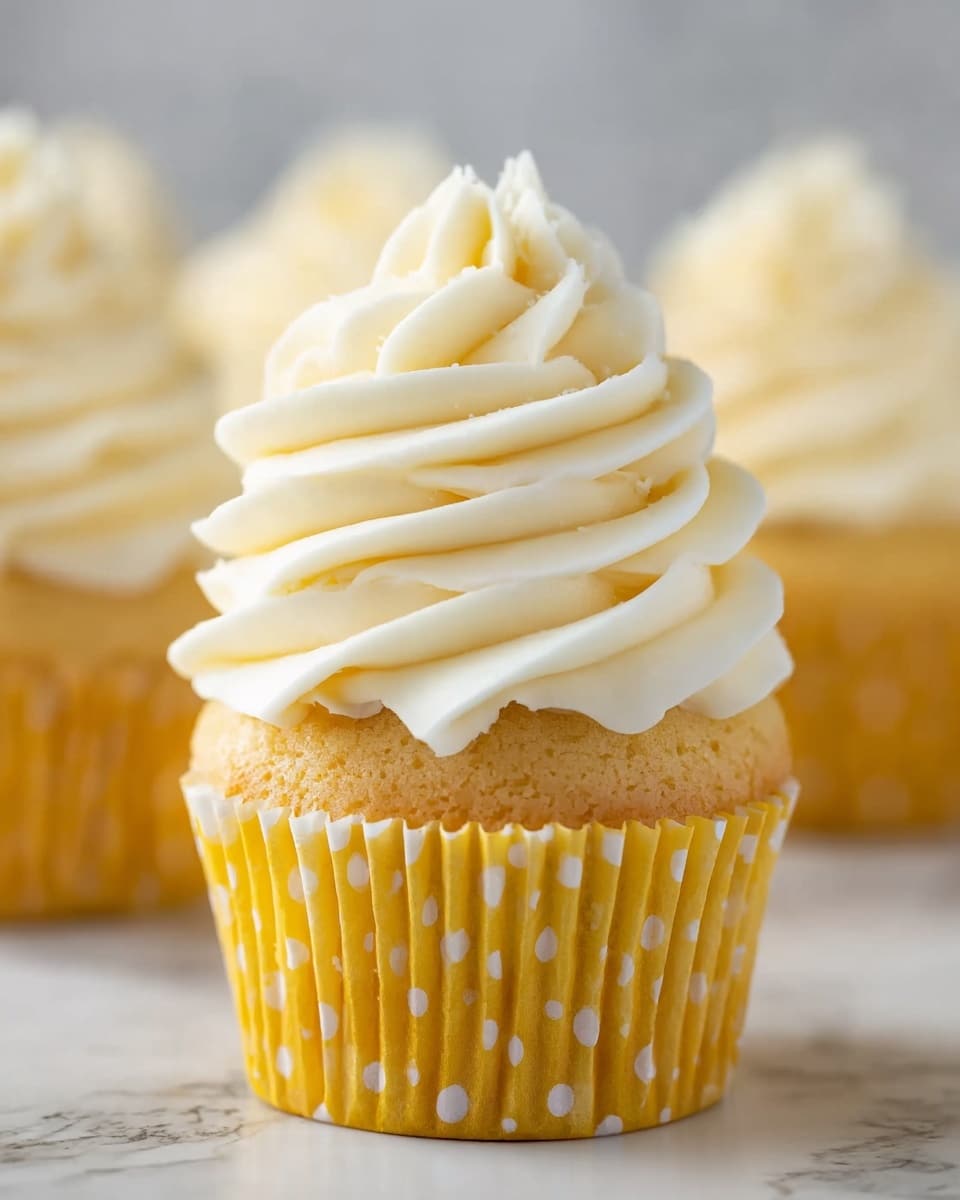 The image shows a close-up of a cupcake with two main layers: the bottom layer is a light golden brown cake wrapped in a yellow cupcake liner with white polka dots, and the top layer is a tall swirl of smooth white frosting that looks creamy and fluffy, piped in a spiral pattern. The cupcake is placed on a white marbled surface, with similar cupcakes blurred in the background. The focus is on the front cupcake, highlighting the soft texture of the cake and the delicate, detailed ridges of the white frosting. photo taken with an iphone --ar 4:5 --v 7