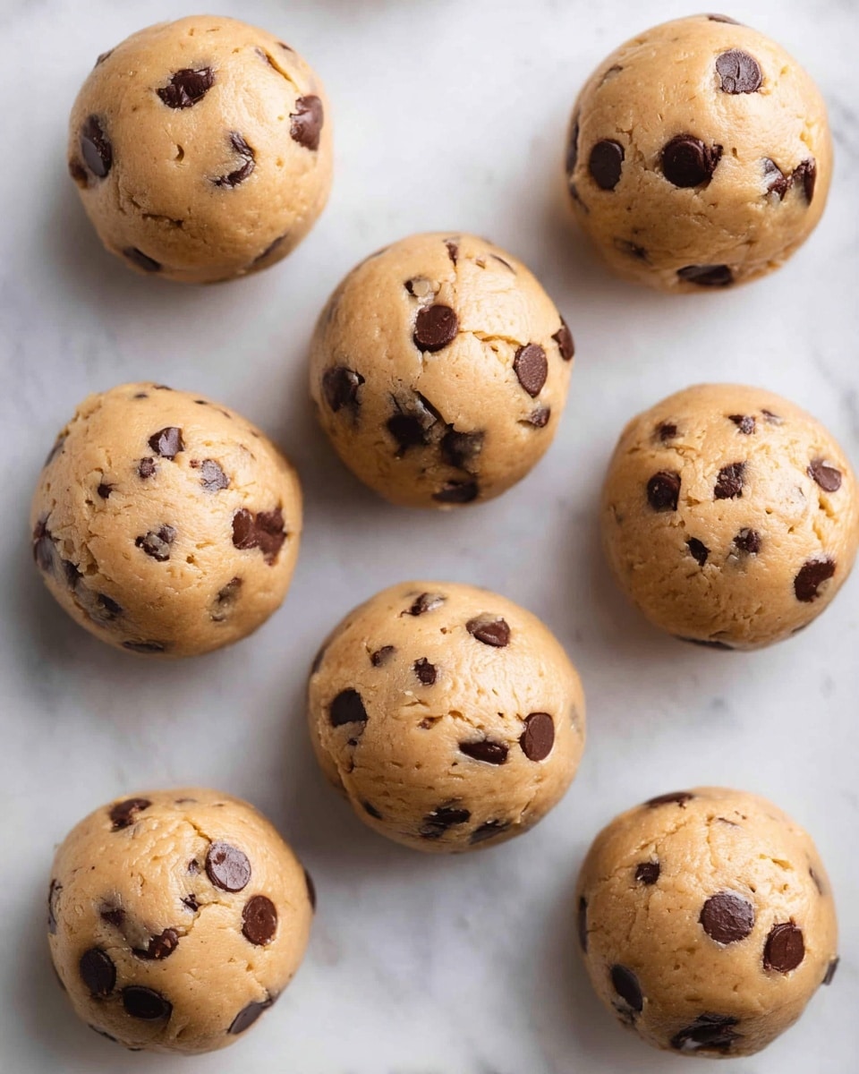 The image shows nine round cookie dough balls arranged in three rows on a white marbled surface. Each dough ball is light brown with a smooth, slightly cracked texture and is studded with dark brown chocolate chips that are unevenly spread within and on the surface. The dough balls look soft and moist, with some chocolate chips slightly melted into the dough. The spacing between each dough ball is even, and the photo is taken from above, capturing a clear and bright view of the full set of dough balls. photo taken with an iphone --ar 4:5 --v 7