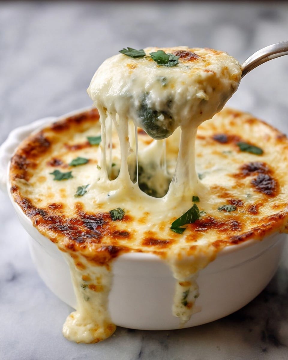 A white ceramic round bowl filled with a creamy cheese dip that has a golden-brown baked crust on top. The top layer is bubbly and slightly crisp with browned spots, garnished with small green herb pieces, likely cilantro. Inside, thick melted cheese stretches in strands as a spoon lifts a portion, revealing a gooey, smooth cheese layer covering soft green vegetables beneath. The bowl sits on a surface with a white marbled texture. photo taken with an iphone --ar 4:5 --v 7