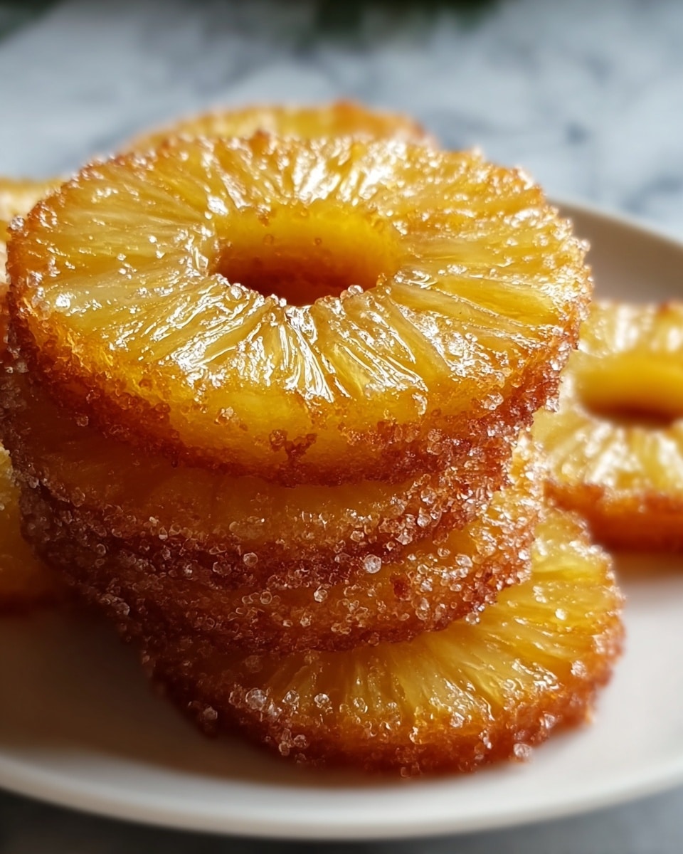 A close-up image of four thin, circular pineapple cakes stacked on each other on a white plate. Each cake has a golden brown crispy edge with a sugar-coated texture, while the inside features a translucent yellow pineapple ring showing the fruit's segmented pattern. The top cake is in sharp focus, displaying a shiny and glossy surface with fine sugar crystals, while the cakes underneath are slightly blurred. The background has a soft white marbled texture that contrasts softly with the bright yellow and brown hues of the cakes. photo taken with an iphone --ar 4:5 --v 7
