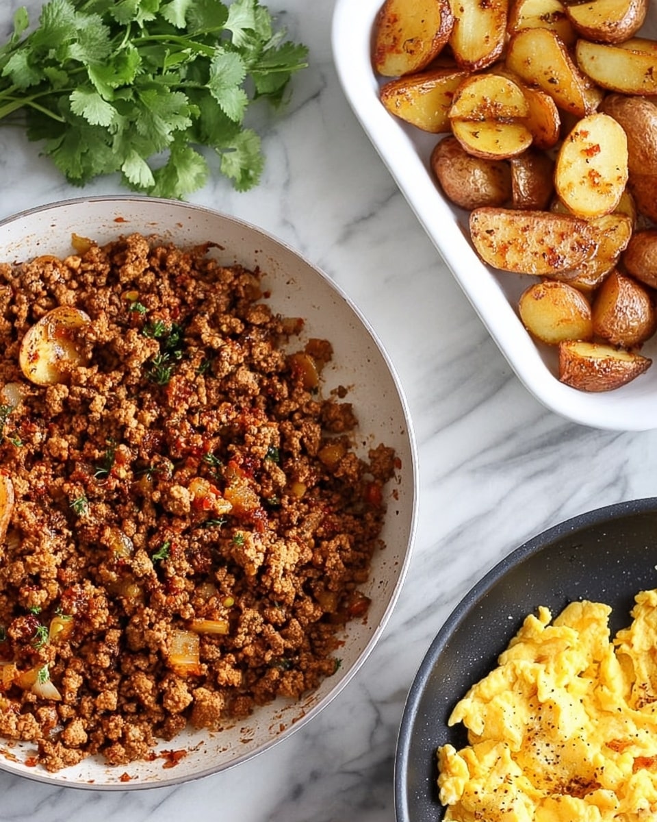 A clear glass rectangular container holds a meal divided into three main layers: on the top left, golden brown roasted potato chunks with grill marks, scattered with small green cilantro leaves; in the center, a bright yellow scrambled egg layer topped with white and light orange shredded cheese and garnished with more cilantro; to the bottom and right, crumbled cooked ground meat with a reddish-brown color, sprinkled with shredded cheese and cilantro, next to a small dollop of red salsa with visible bits of onions. The container rests on a white marbled surface with a silver fork on the left and a white cloth on the bottom right. Photo taken with an iphone --ar 4:5 --v 7