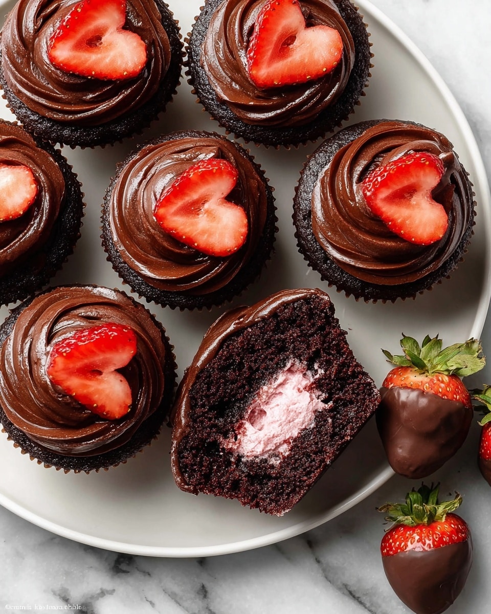 A white plate holds eight dark chocolate cupcakes with smooth, shiny chocolate frosting spread in swirls on top of each. Each cupcake is decorated with a small, heart-shaped slice of fresh red strawberry. One cupcake is cut in half, showing the rich dark brown cake layered with a pink strawberry cream filling in the center. The plate sits on a white marbled surface with three chocolate-covered strawberries nearby, showing a bright red and green color against the dark chocolate coating. photo taken with an iphone --ar 4:5 --v 7
