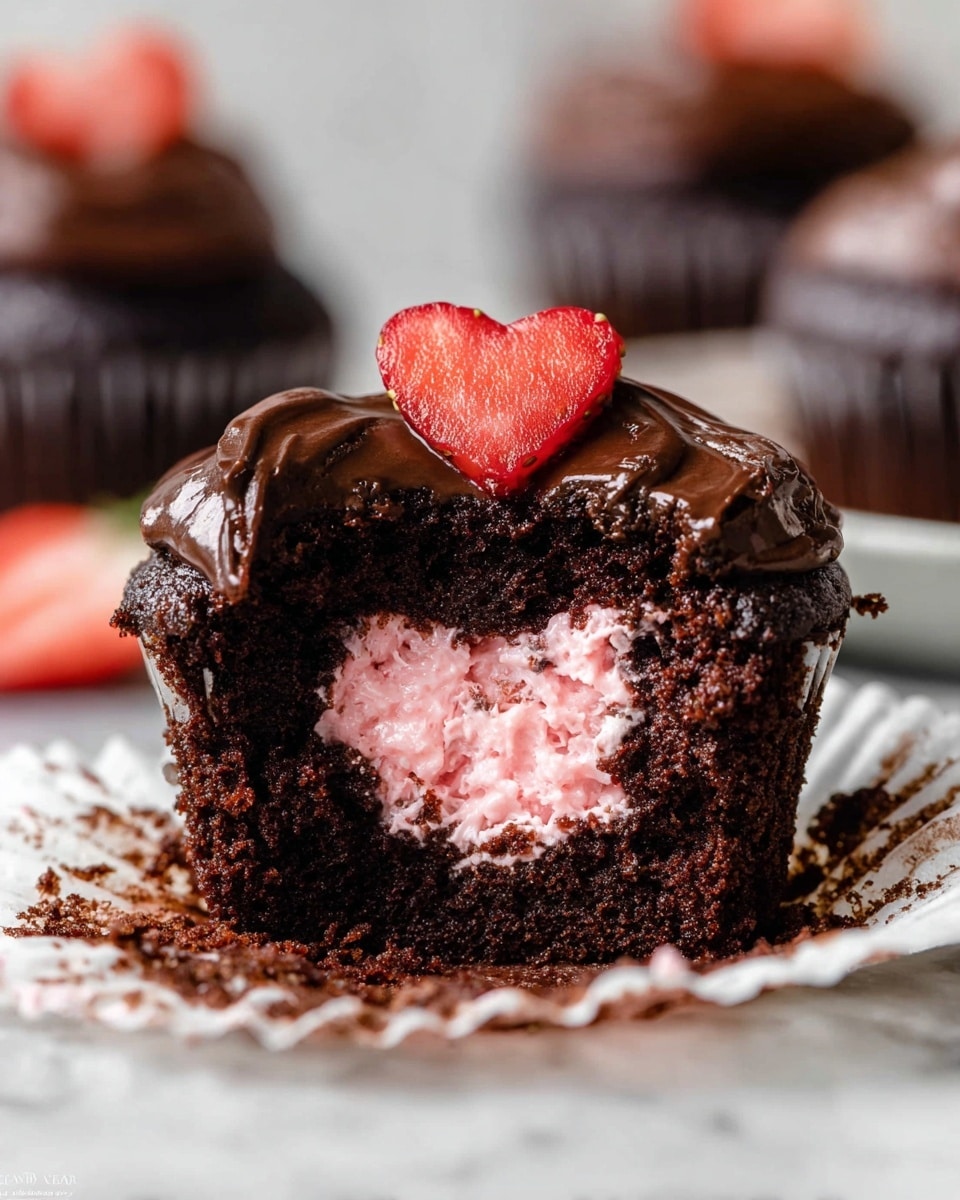 A close-up of a chocolate cupcake cut in half showing three layers: the outside is dark, soft chocolate cake with a moist crumb texture; inside is a pink, creamy strawberry filling in the center; topped with a layer of shiny dark chocolate frosting that covers the top of the cupcake. A fresh small red strawberry piece is placed on top of the frosting. The cupcake sits on a white marbled surface with crumbs around it, and a white cupcake liner is partially visible at the bottom. In the blurry background, there are more chocolate cupcakes. photo taken with an iphone --ar 4:5 --v 7