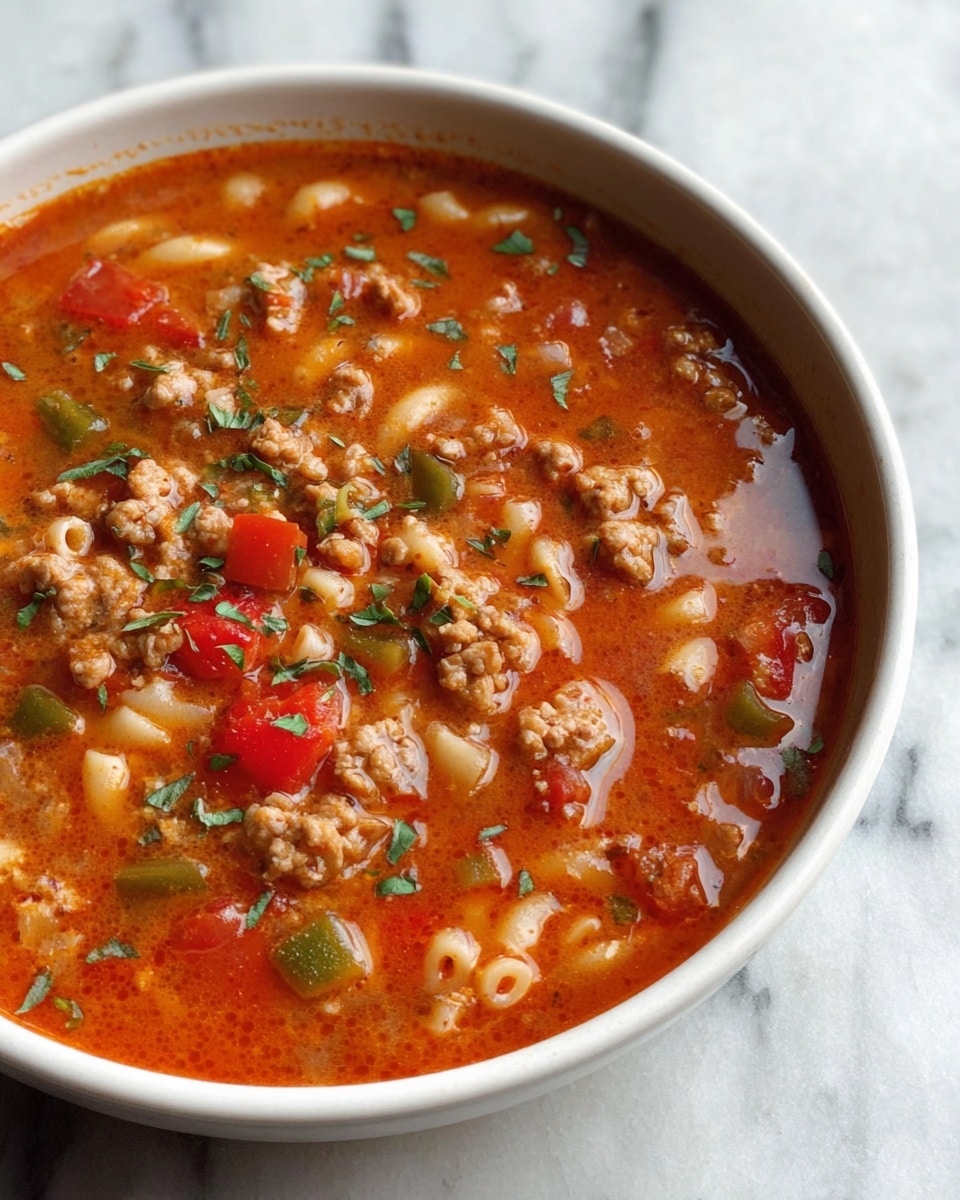 A bowl filled with thick soup showing several layers of ingredients including small clumps of cooked ground meat, diced red and green bell peppers, chopped onions, and short pasta pieces immersed in a rich red tomato-based broth, garnished with small green herb leaves scattered on top, the bowl is white and placed on a white marbled surface, photo taken with an iphone --ar 4:5 --v 7