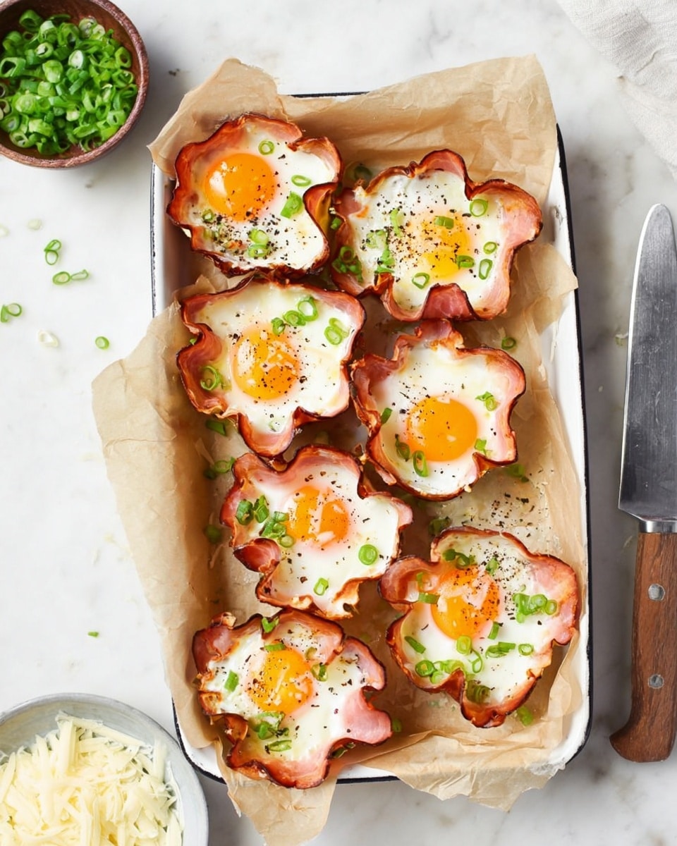 The image shows eight egg cups baked in slices of cooked ham, each cup with one sunny-side-up egg in the center, having a bright yellow yolk surrounded by white egg whites. The ham slices form irregular, slightly crispy edges around the egg, curling up to hold the egg in place. Small pieces of chopped green onions are sprinkled on top and some black pepper is visible on the eggs. These egg cups are placed in a row on light brown parchment paper inside a white tray with slightly raised edges, all set on a white marbled surface. A bowl of chopped green onions and a bowl of shredded cheese are partially visible on the surface, along with a butter knife on the right side. Photo taken with an iphone --ar 4:5 --v 7