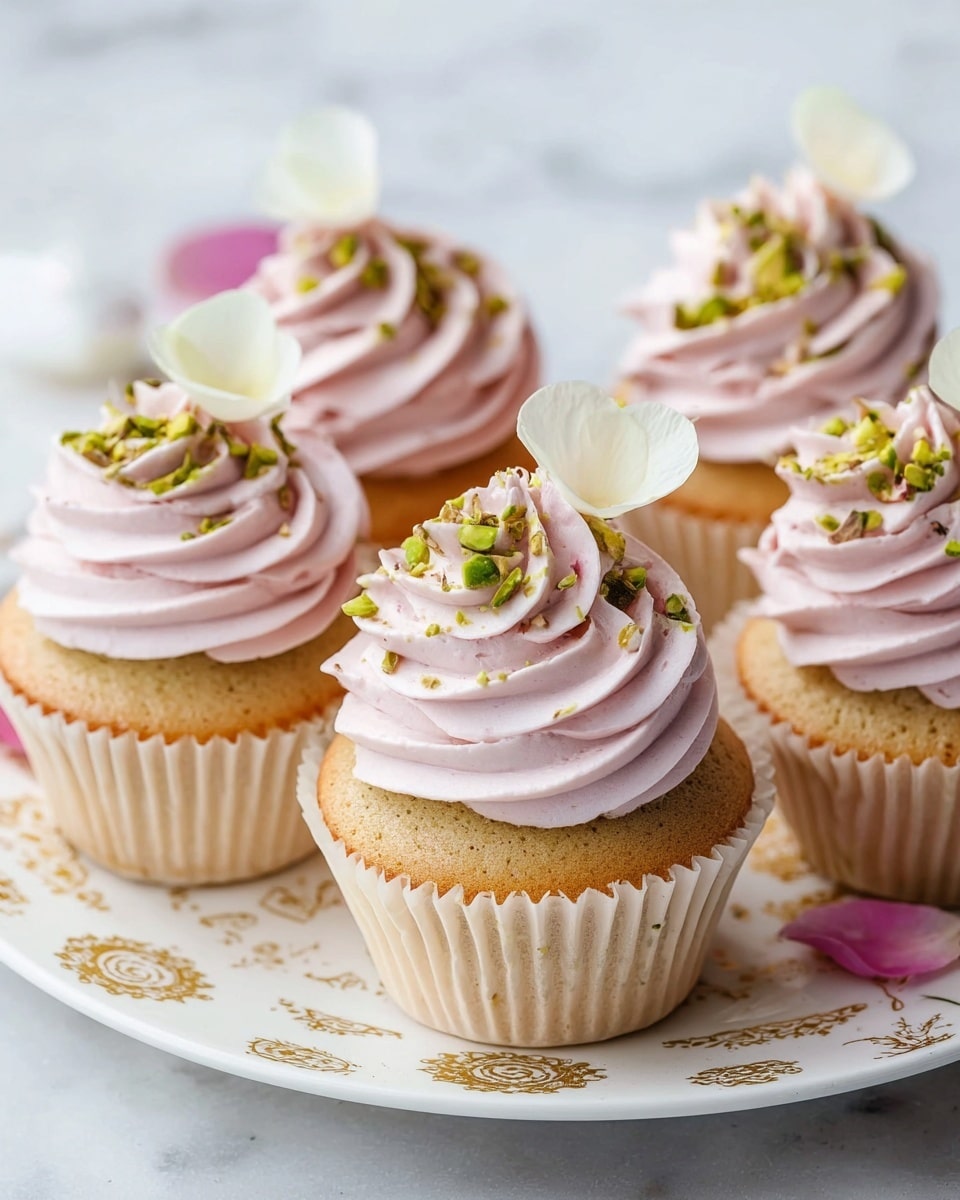 The image shows six cupcakes placed closely together on a white plate with gold designs, sitting on a white marbled surface. Each cupcake has a moist light golden brown base wrapped in a beige cupcake liner. On top, there is a swirl of smooth, light pink frosting with a soft texture, piled in two visible layers spiraling up to a peak. Finely chopped green pistachio nuts are sprinkled over the frosting, accented with one soft pastel pink and white flower petal delicately placed on each cupcake’s peak. The overall look is fresh, elegant, and inviting. photo taken with an iphone --ar 4:5 --v 7