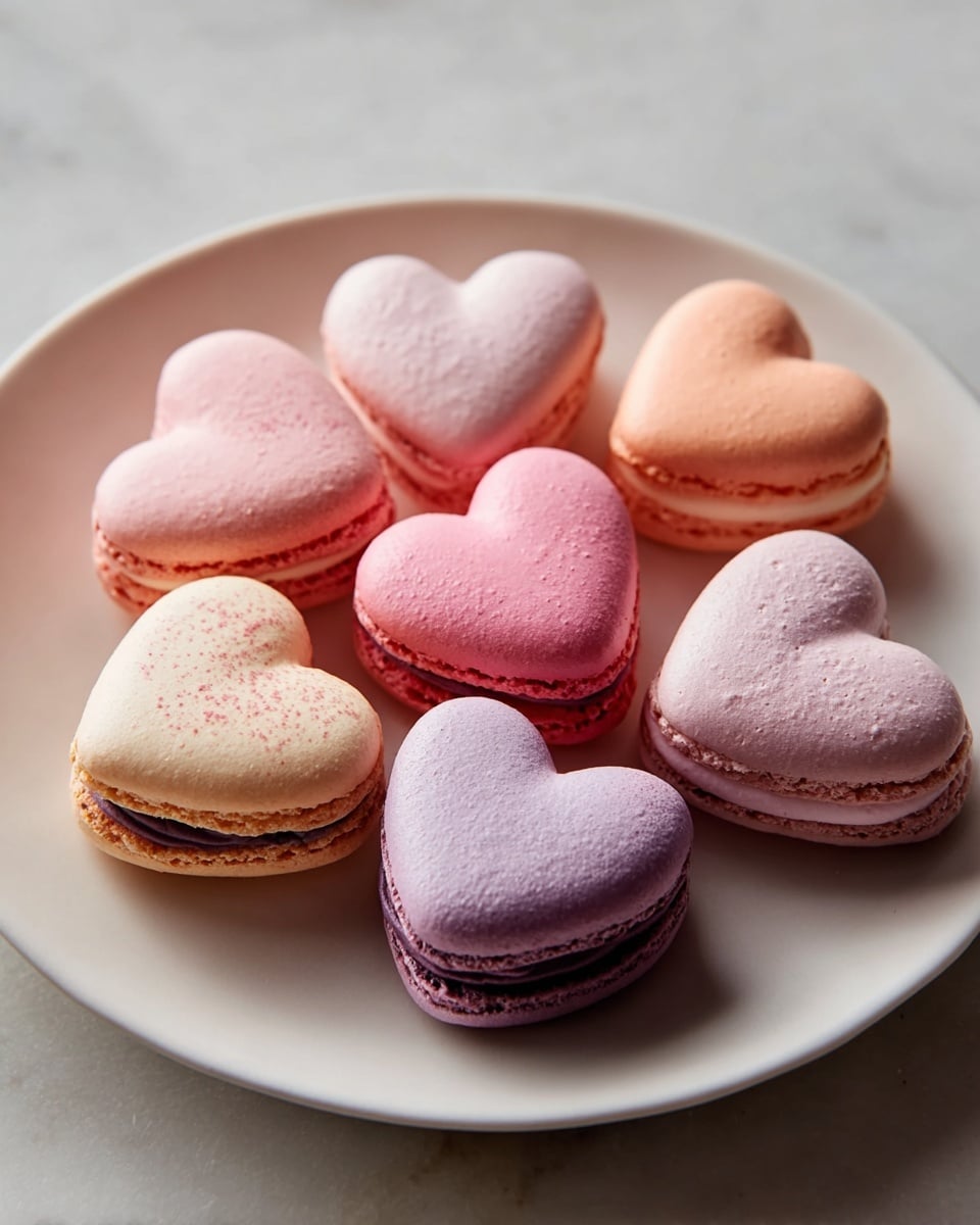 A close-up image of a pile of heart-shaped pink macarons resting on a white marbled surface. Each macaron has two smooth, light pink shells with a slightly crisp texture and a rough edge seam. The filling between the shells varies: some have a bright red, creamy layer while others have a white, fluffy cream layer. There are also a few round macarons in pale cream color with similar layers, scattered among the heart shapes. The macarons are arranged in a casual cluster, showing their different fillings and shapes clearly. photo taken with an iphone --ar 4:5 --v 7