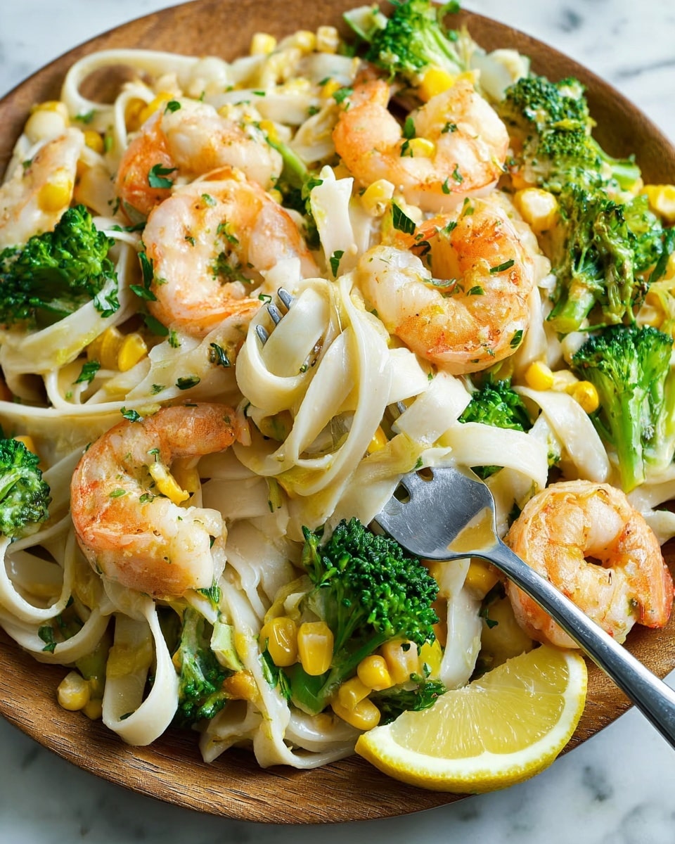 The image shows a close-up of a dish with three main layers: the base layer has wide, flat, creamy white noodles that are soft with some twist and shine; the middle layer consists of bright green broccoli florets and yellow corn kernels scattered throughout, adding a fresh texture and color contrast; the top layer features several plump, pink-orange cooked shrimp arranged on top and around the noodles and vegetables. Some small green herb pieces are sprinkled over the dish for garnish, and a metal fork is twirling some noodles in the center. A lemon wedge sits at the bottom edge of the dish, all placed on a white marbled surface. photo taken with an iphone --ar 4:5 --v 7