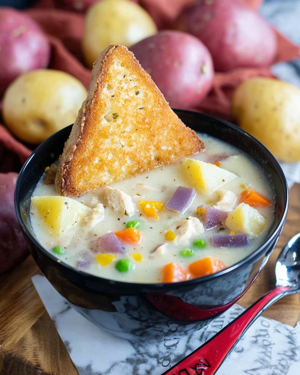 A black bowl filled with creamy white soup containing visible chunks of purple, yellow, and white potatoes, sliced orange carrots, green peas, and bits of white chicken. A triangular piece of toasted bread with a golden-brown crust is placed standing inside the soup. The bowl is on a wooden surface with whole red and yellow potatoes around it, and a spoon with a red handle is nearby. The background includes a white marbled texture and some blurred elements like a folded white newspaper and a red cloth. Photo taken with an iphone --ar 4:5 --v 7