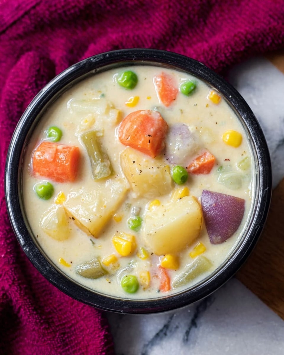 A black bowl is filled with a creamy white soup containing several visible layers: large chunks of light yellow potatoes, pieces of orange carrots, bright green peas, white pieces of celery, yellow corn kernels, and small purple potatoes, all mixed together in the thick soup. The bowl sits on a white marbled surface with a dark pink cloth in the background. The soup has a smooth, rich texture with the vegetables slightly submerged but clearly visible. photo taken with an iphone --ar 4:5 --v 7