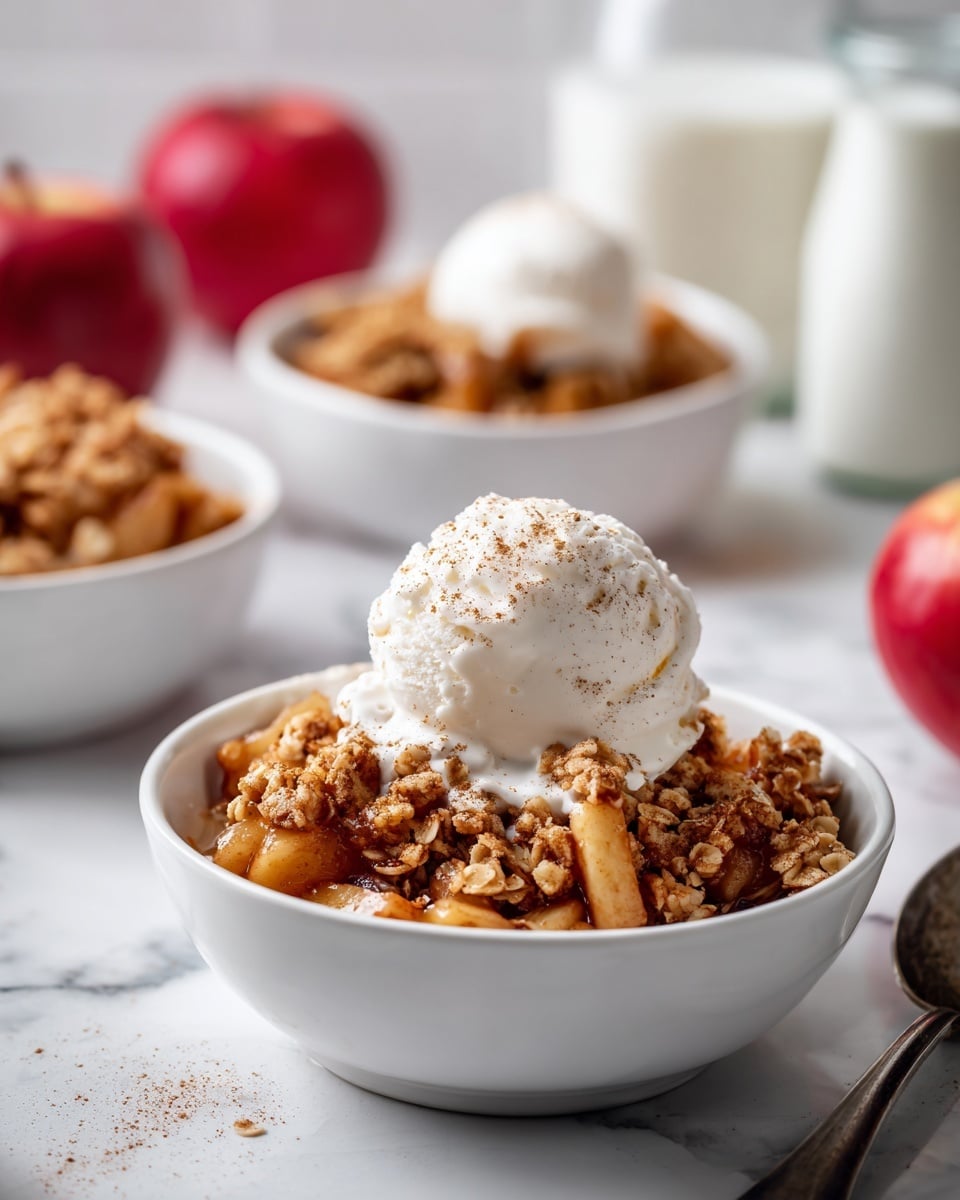The image shows a white bowl filled with a warm apple crisp dessert. The bottom layer is made of soft, chunky, golden-brown baked apple pieces mixed with a crumbly, light brown crisp topping scattered unevenly over the apples. On top, there is a smooth, white scoop of vanilla ice cream, slightly melting and drizzled lightly over the edges of the apple crisp. The ice cream is sprinkled with a fine dusting of cinnamon. In the soft-focus background, there are more white bowls each with apple crisp and an out-of-focus red apple and a bottle of milk. The whole scene sits on a white marbled surface. photo taken with an iphone --ar 4:5 --v 7