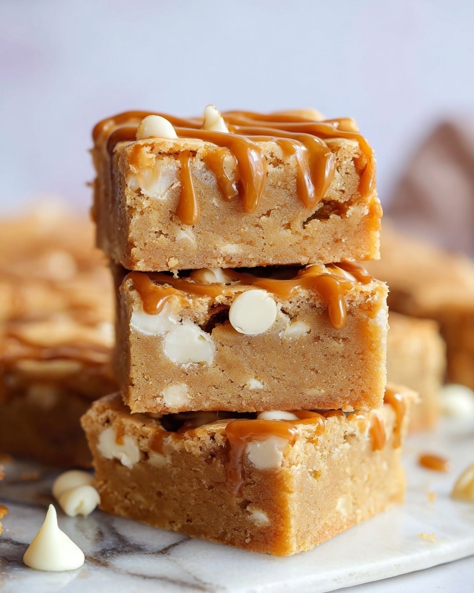 Three square blondie bars stacked on each other, each bar showing a light golden-brown, soft and crumbly texture with visible white chocolate chips inside. The top and middle bars have a drizzle of smooth, shiny caramel sauce running over the edges in irregular lines. The bars sit on a white marbled surface with a few white chocolate chips scattered around. The background is blurred, focusing attention sharply on the blondie stack. photo taken with an iphone --ar 4:5 --v 7