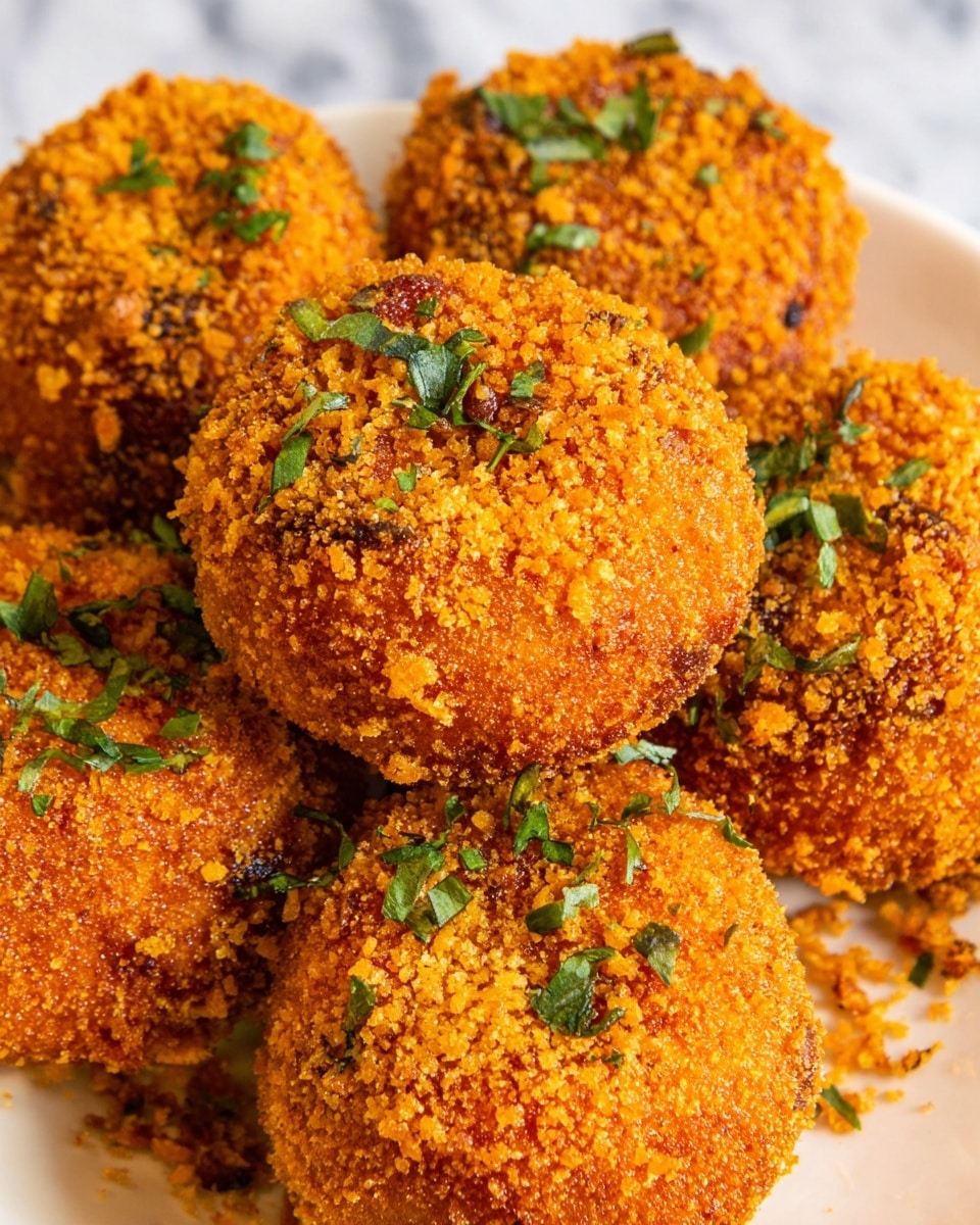A close-up image shows a group of round, golden-brown fried snacks with a crispy, crumbly outer layer covered in small crunchy bits. Each snack is topped with small green herb leaves, scattered evenly on their textured surface. The snacks are stacked closely together on a white plate, and the background is a white marbled texture. photo taken with an iphone --ar 4:5 --v 7