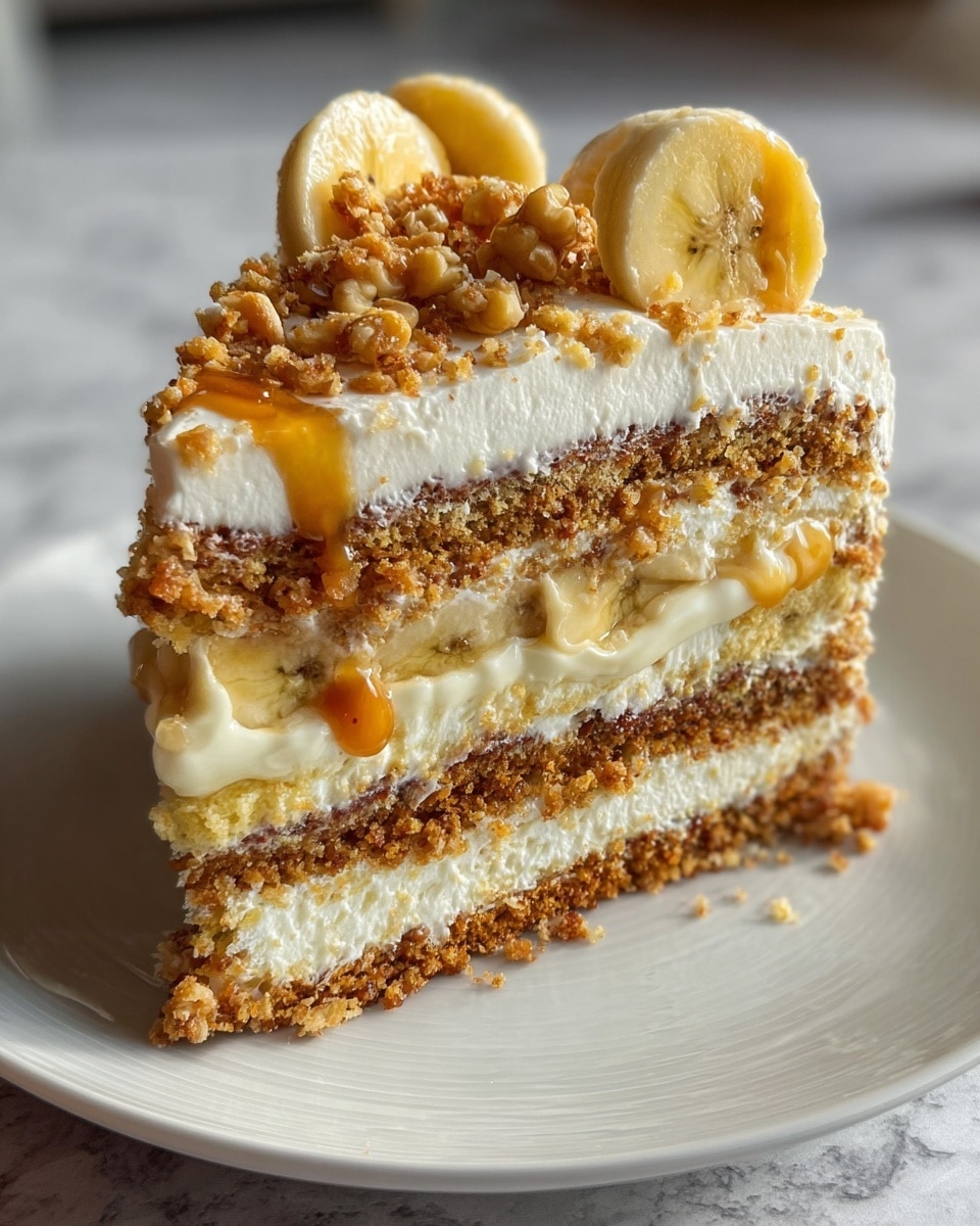 A tall slice of layered cake sits on a white plate placed on a white marbled surface. The cake has four main layers: a bottom crumbly golden-brown crust, a thick creamy pale yellow layer with visible banana slices, a middle golden crumbly layer mixed with creamy white frosting, and a top layer of smooth white frosting. On top of the cake, there are alternating thick slices of fresh pale yellow banana and clusters of crunchy golden brown crumbles arranged neatly along the edge. A small drip of caramel-colored sauce runs down the side of the cake, adding texture and color contrast. The photo is brightly lit with natural light, enhancing the creamy and crumbly textures. photo taken with an iphone --ar 4:5 --v 7